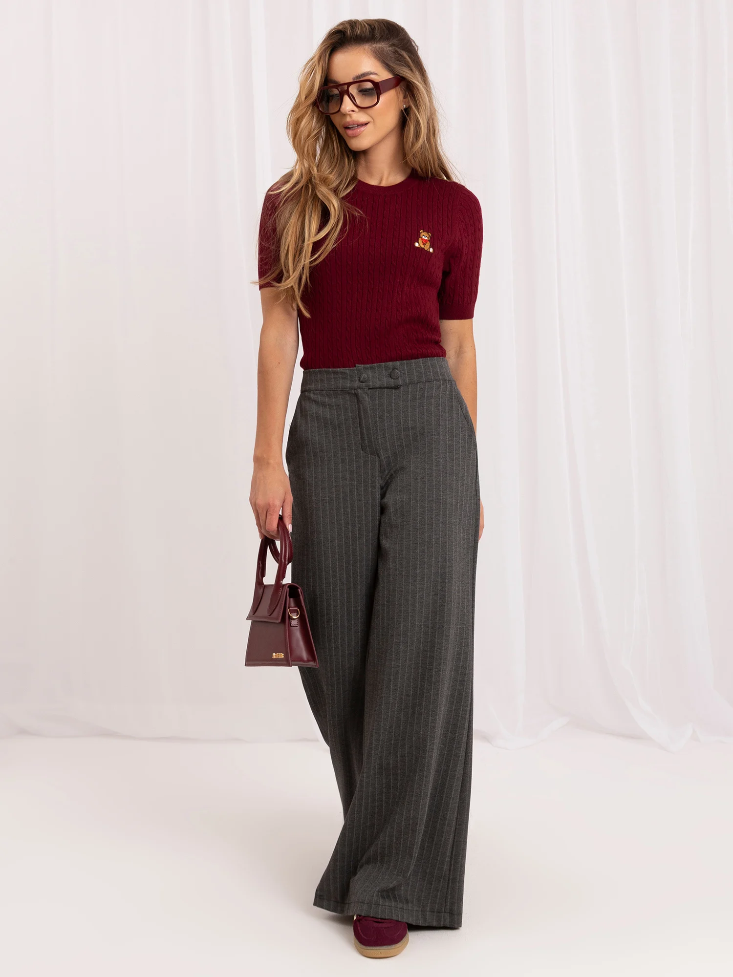Pulover Dama Mini, Decolteu rotund, ITALY MODA, Bordo Eleganta Office - imagine 4