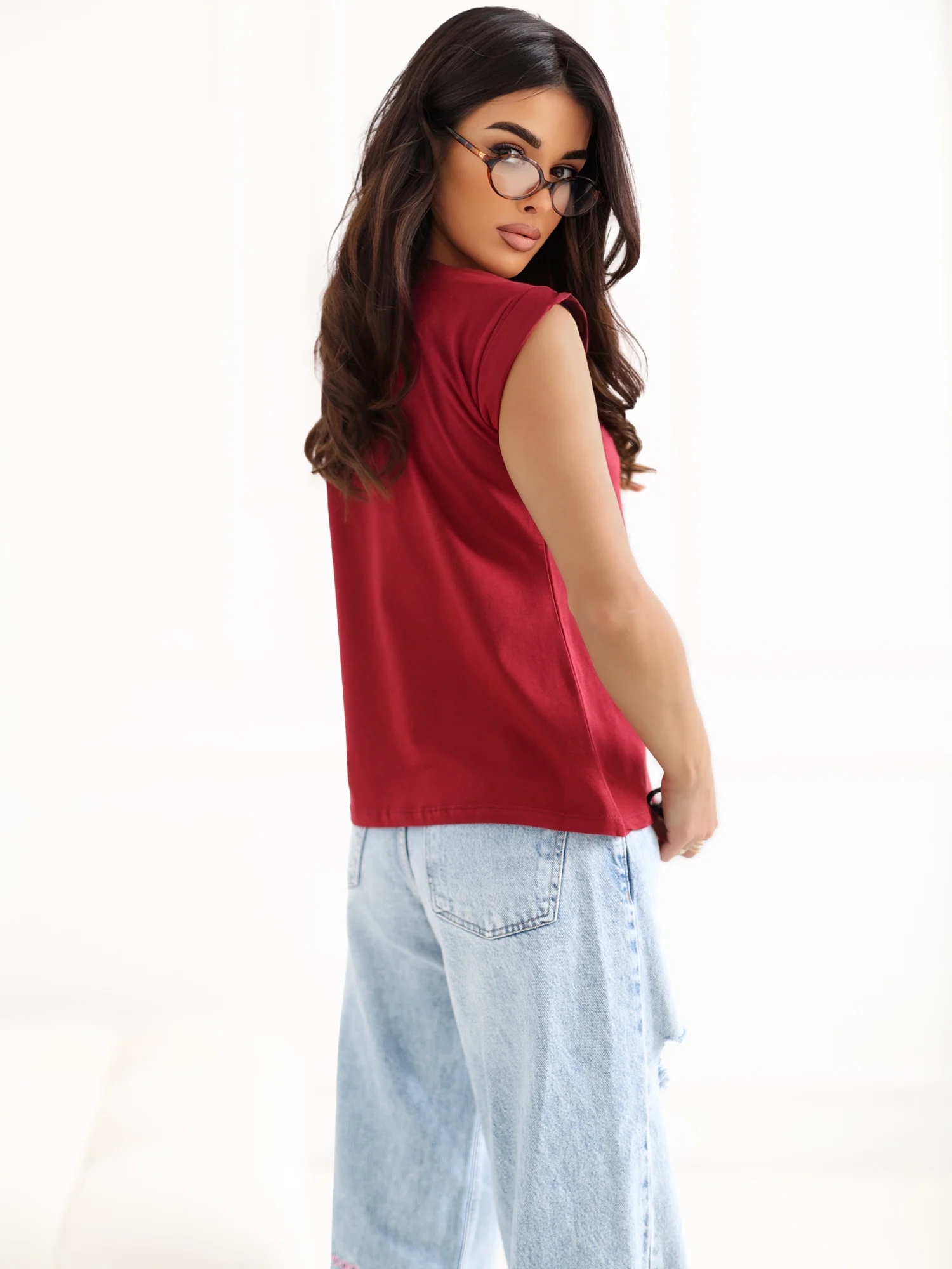 Tricou Dama Mini, Decolteu rotund, BASIC FEEL GOOD, Bordo Casual - imagine 3