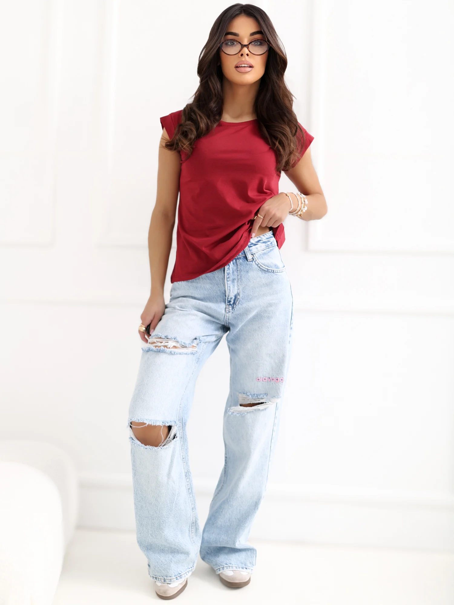 Tricou Dama Mini, Decolteu rotund, BASIC FEEL GOOD, Bordo Casual - imagine 4