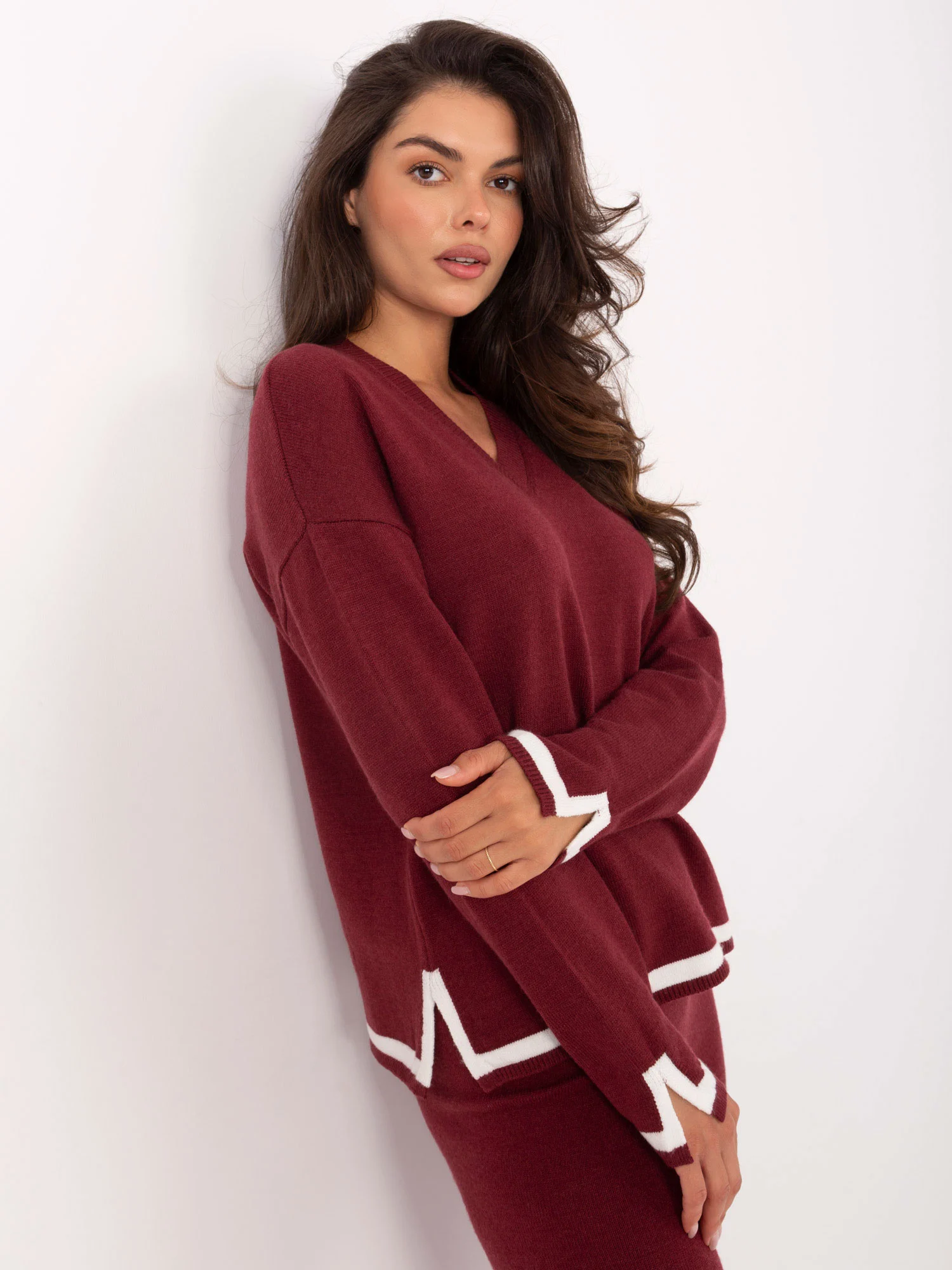 Compleu Dama Maneca lunga, Cu slit, ITALY MODA, Bordo Casual - imagine 4