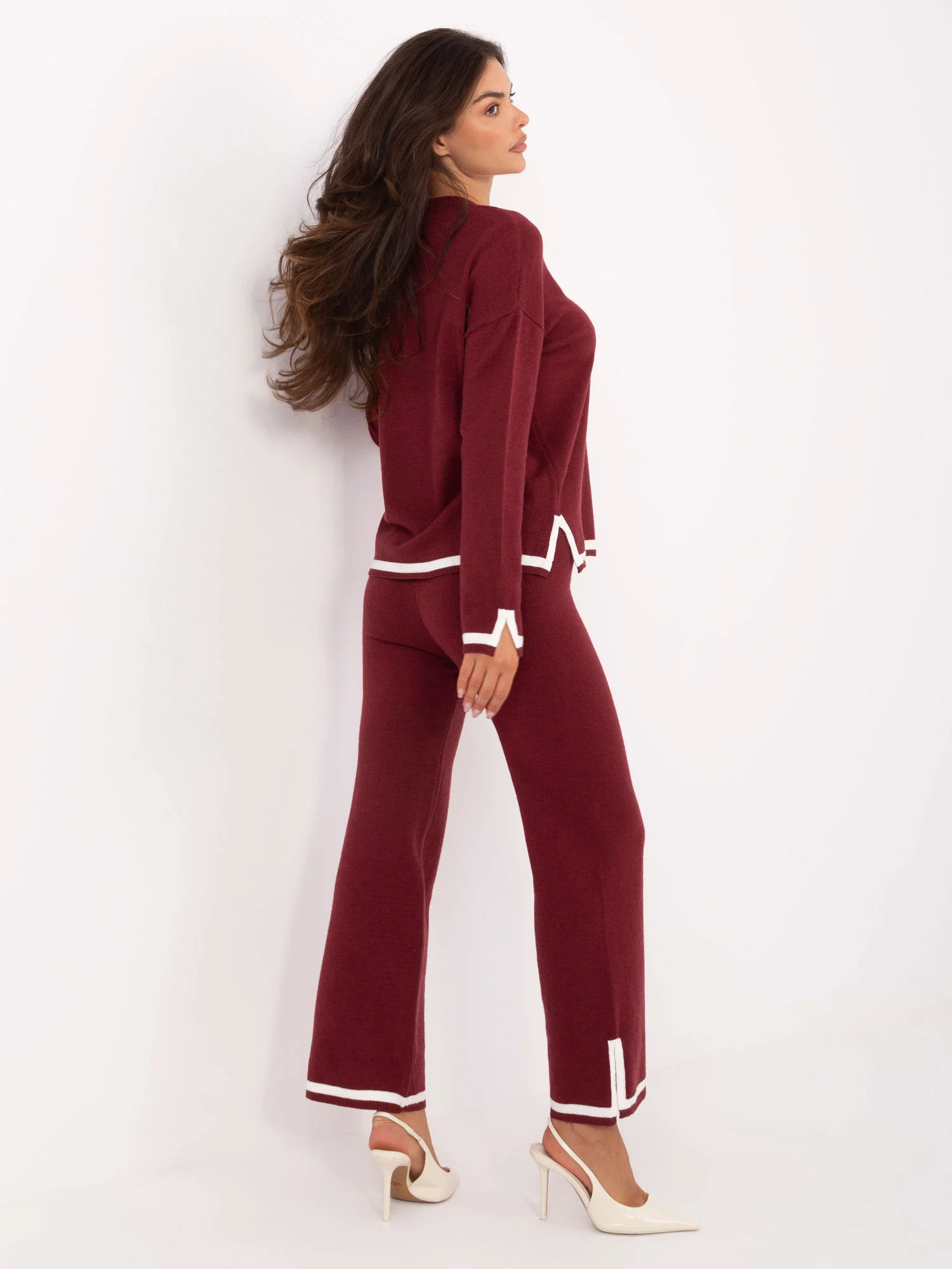 Compleu Dama Maneca lunga, Cu slit, ITALY MODA, Bordo Casual - imagine 2