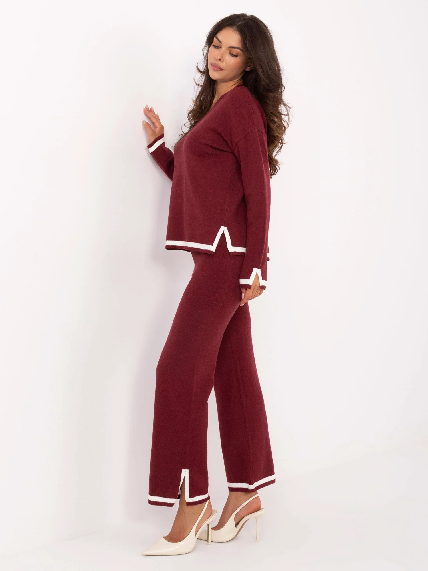 Compleu Dama Maneca lunga, Cu slit, ITALY MODA, Bordo Casual - imagine 5