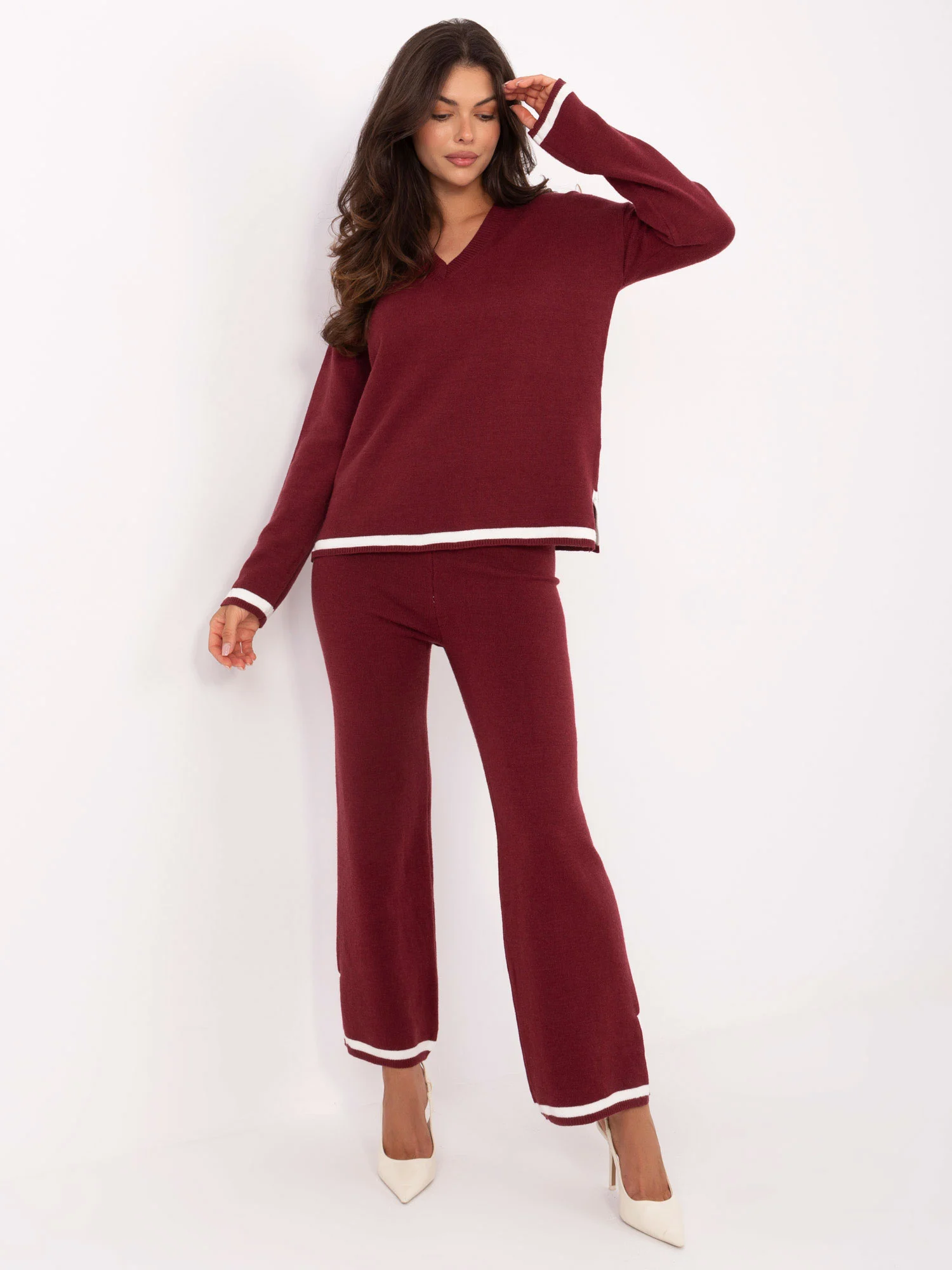 Compleu Dama Maneca lunga, Cu slit, ITALY MODA, Bordo Casual - imagine 3