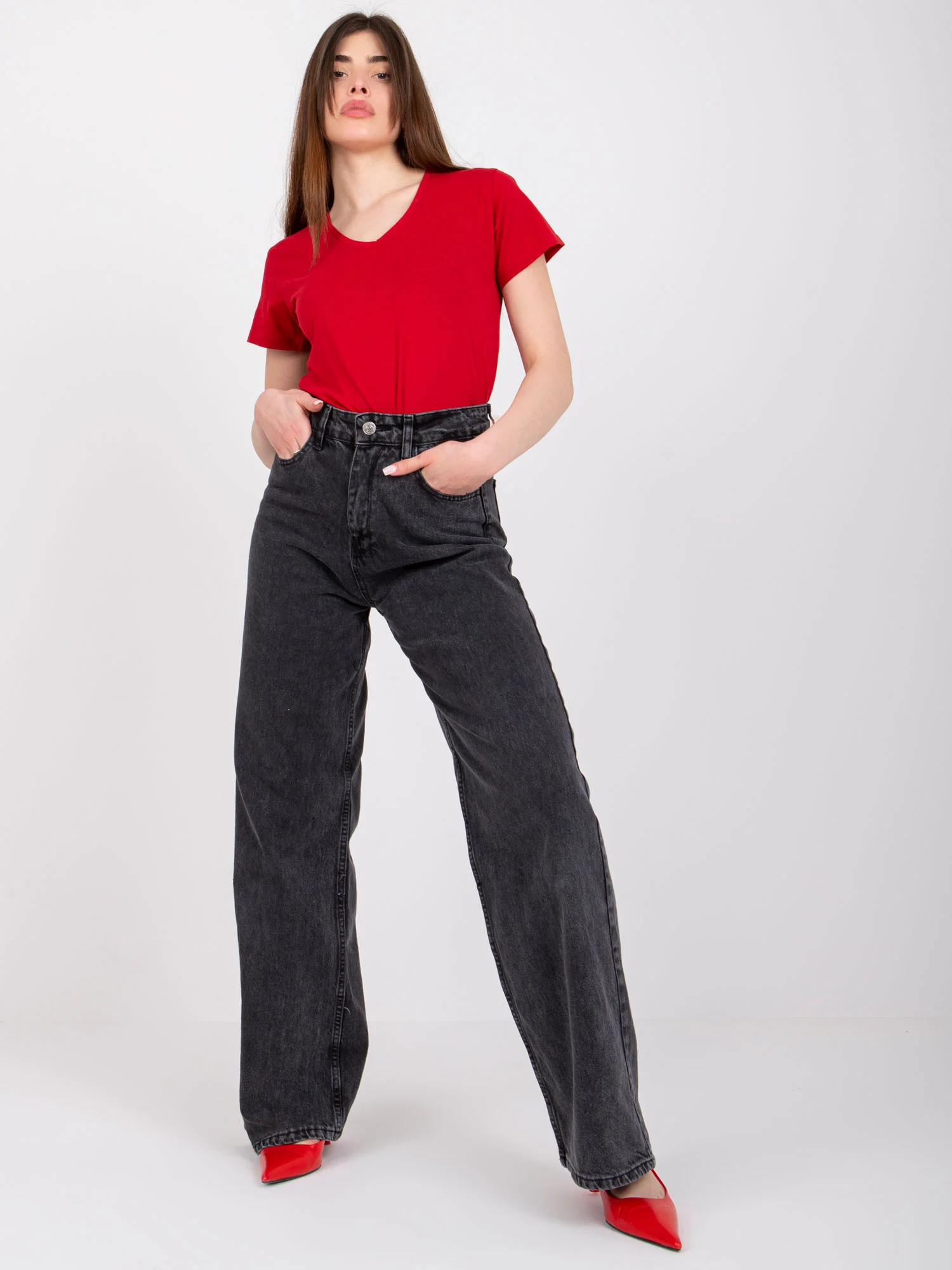 Tricou Dama Mini, Decolteu in V, Mayflies, Rosu Casual Marimi Mari - imagine 3