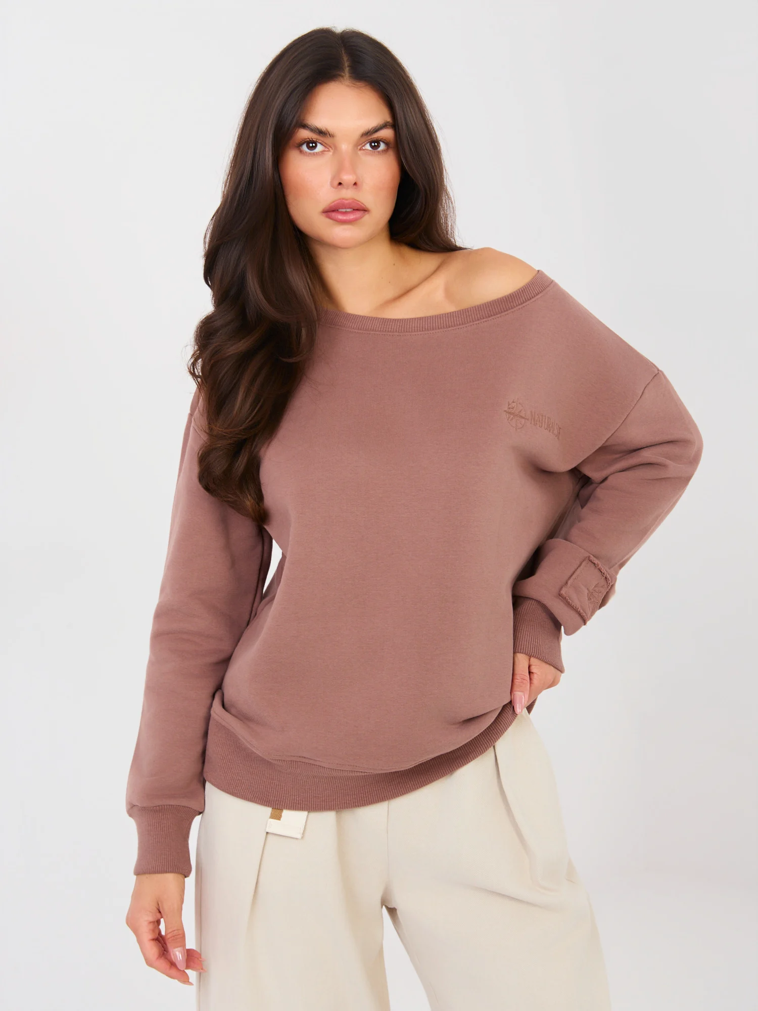 Hanorac Dama Maneca lunga, Decolteu barcuta, NATURAL SIDE, Maro Casual - imagine 5