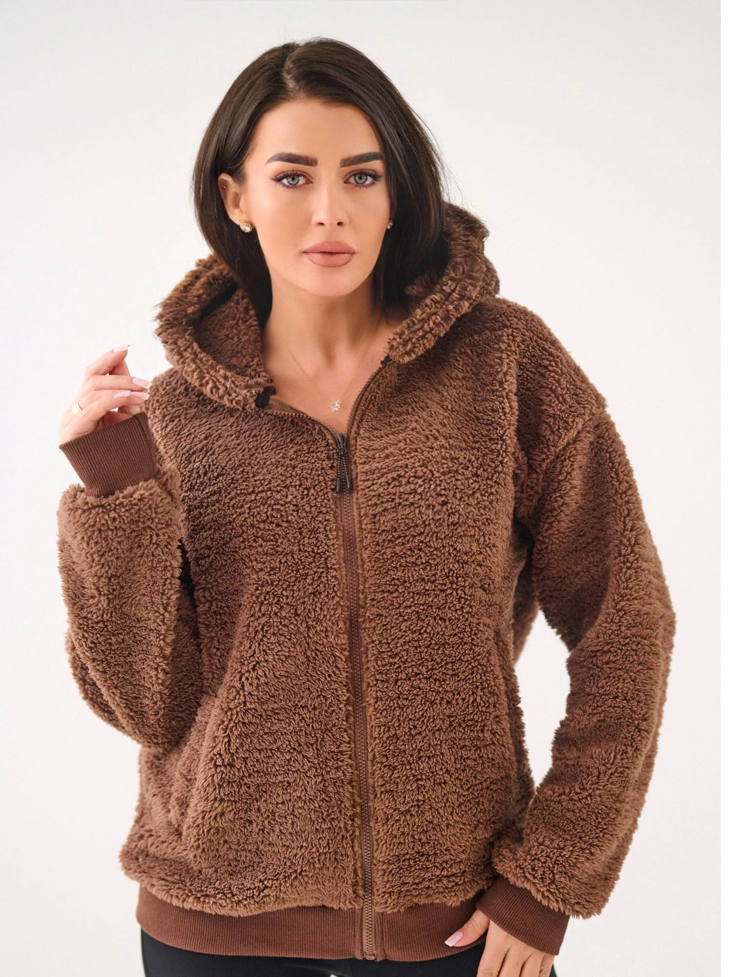 Hanorac Dama Maneca lunga, Decolteu cu gluga, BETIA, Maro Casual - imagine 3