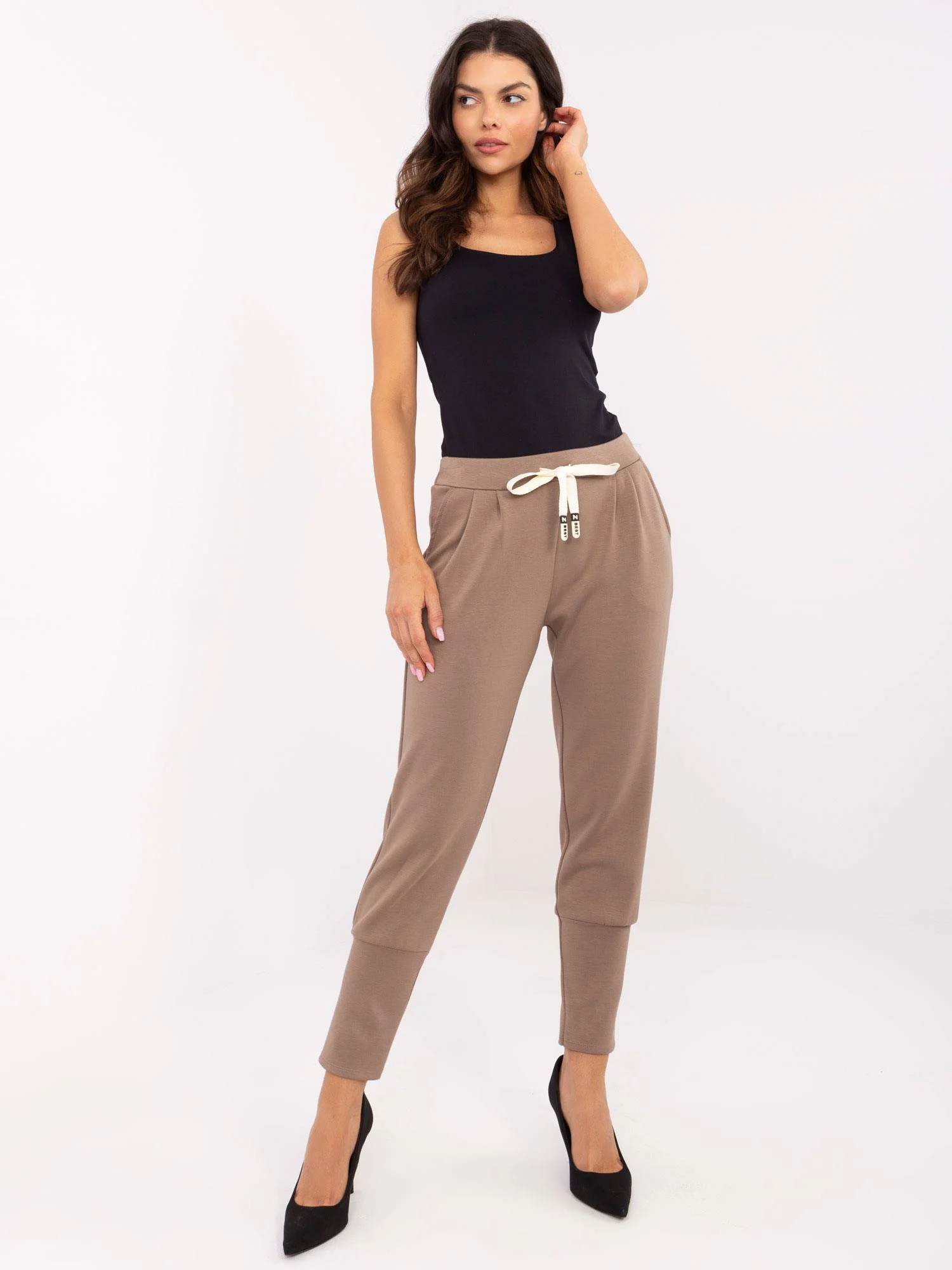 Pantaloni Dama Mansete elastice, Guler inalt, ITALY MODA, Maro Casual - imagine 3
