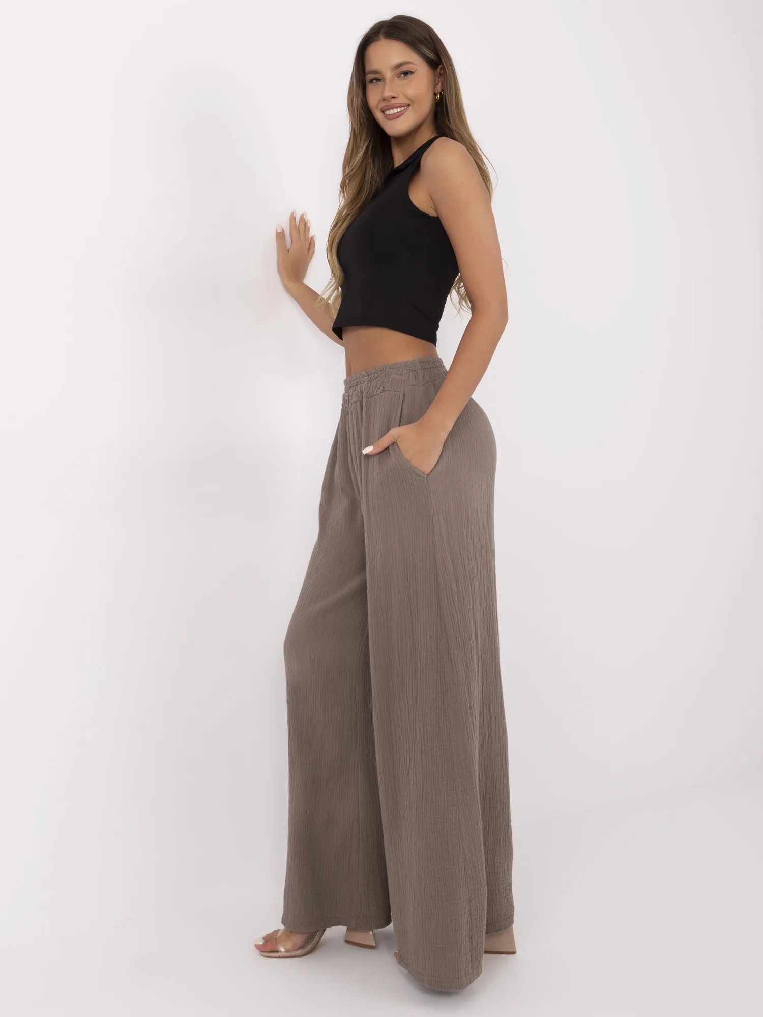 Pantaloni Dama Larga, Guler inalt, ITALY MODA, Maro Casual - imagine 3