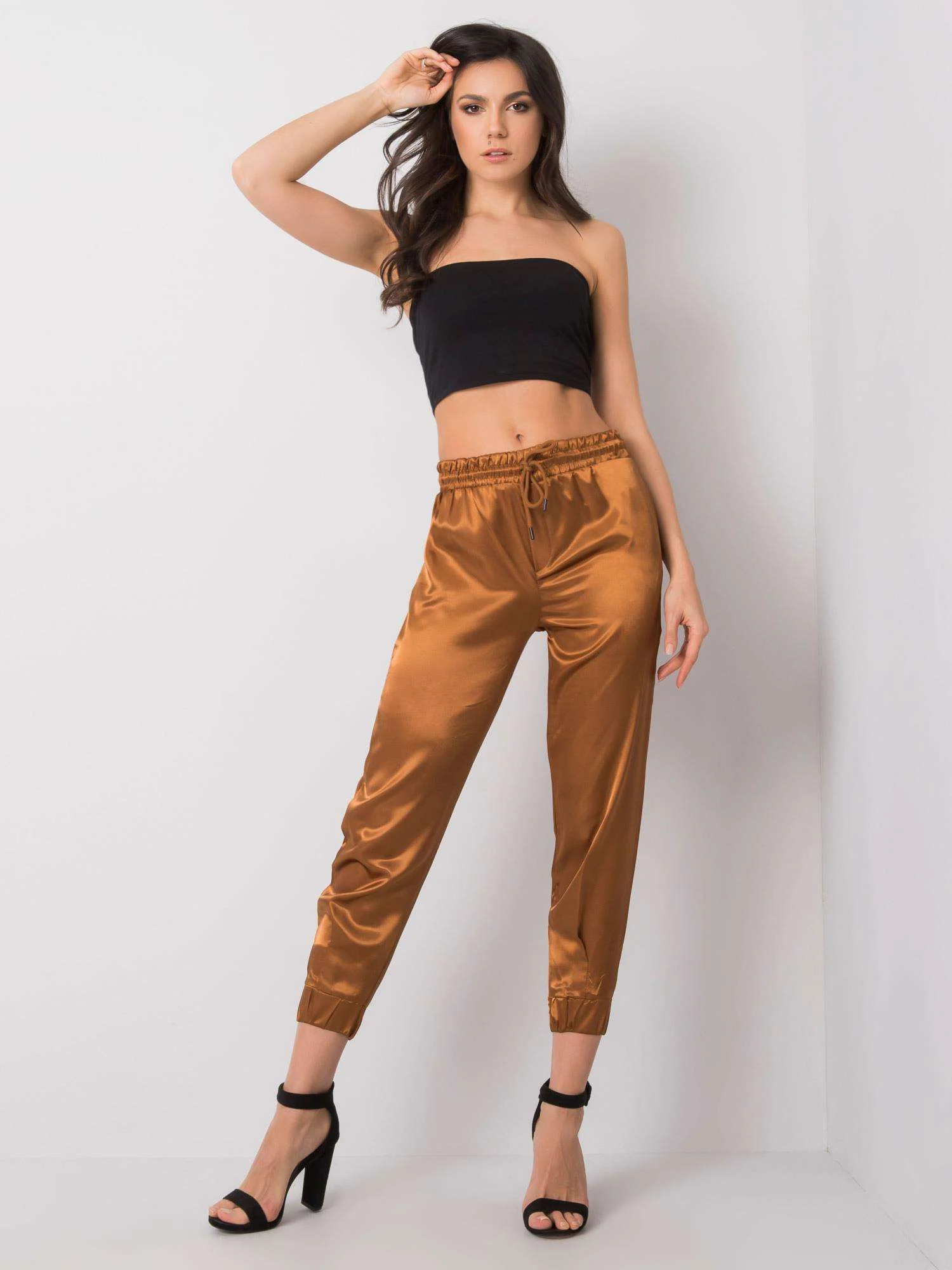 Pantaloni Dama Lunga, Mansete elastice, RUE PARIS, Camel de Petrecere - imagine 2