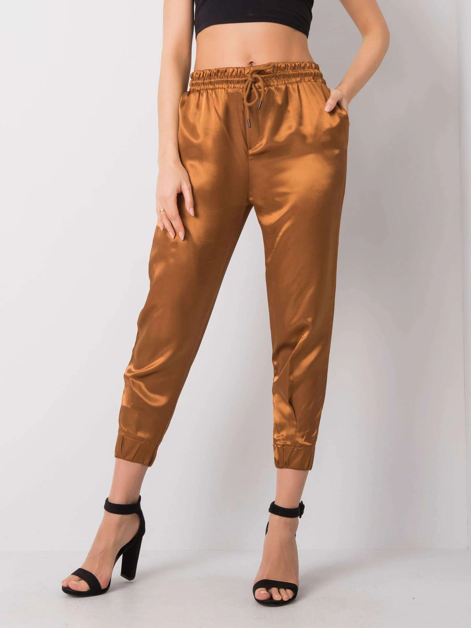 Pantaloni Dama Lunga, Mansete elastice, RUE PARIS, Camel de Petrecere - imagine 4
