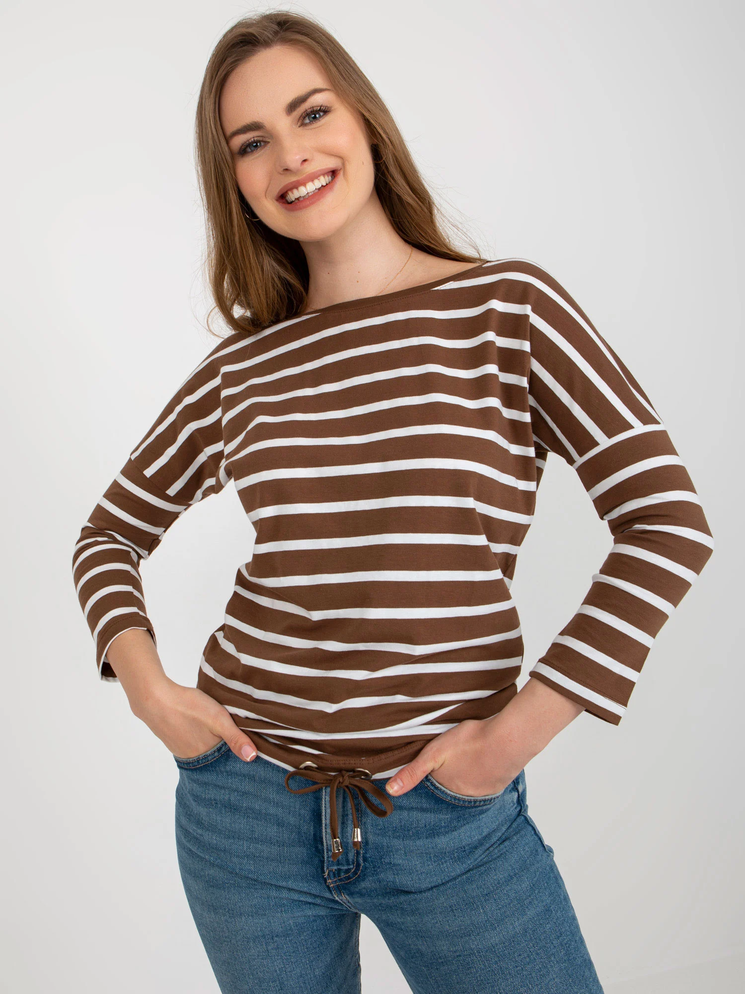 Bluza Dama Maneca 3/4, Dungi, BASIC FEEL GOOD, Maro Casual - imagine 2