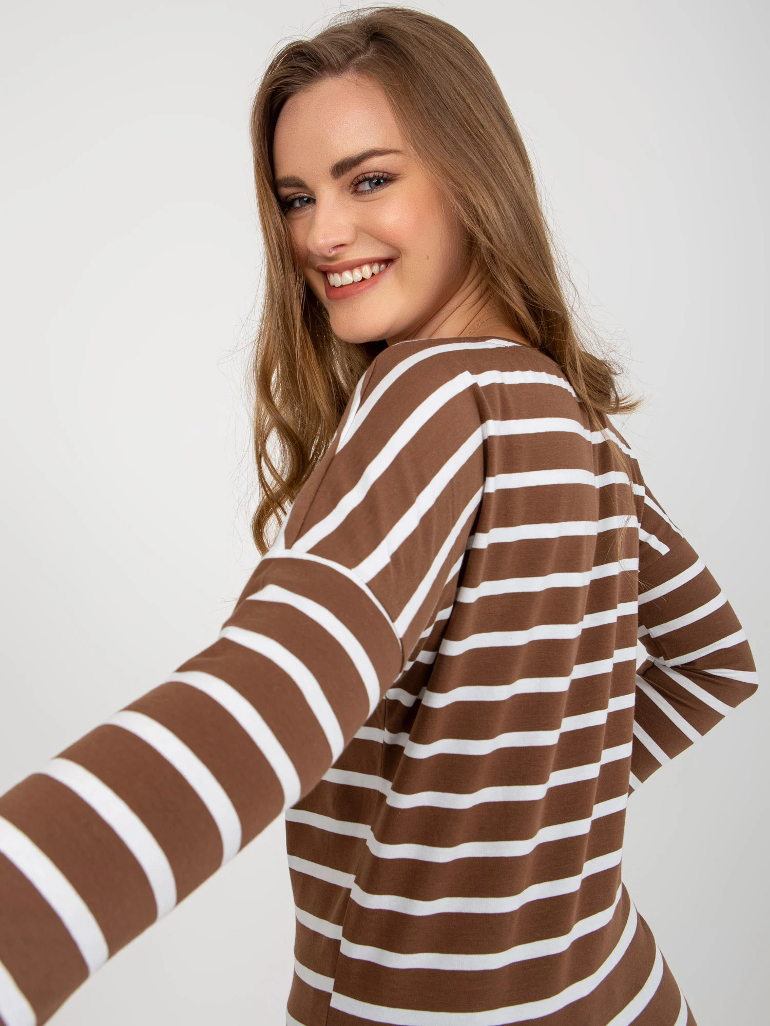 Bluza Dama Maneca 3/4, Dungi, BASIC FEEL GOOD, Maro Casual - imagine 4