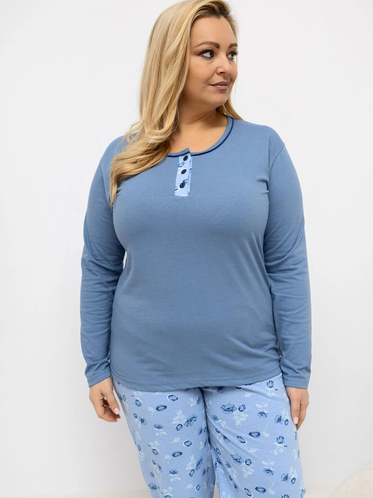 Pijama Dama Maneca lunga, Floral, Forever Pink, Albastru Marimi Mari - imagine 3