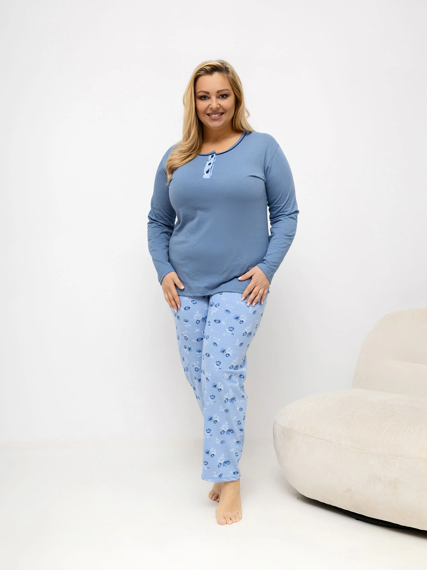 Pijama Dama Maneca lunga, Floral, Forever Pink, Albastru Marimi Mari - imagine 2