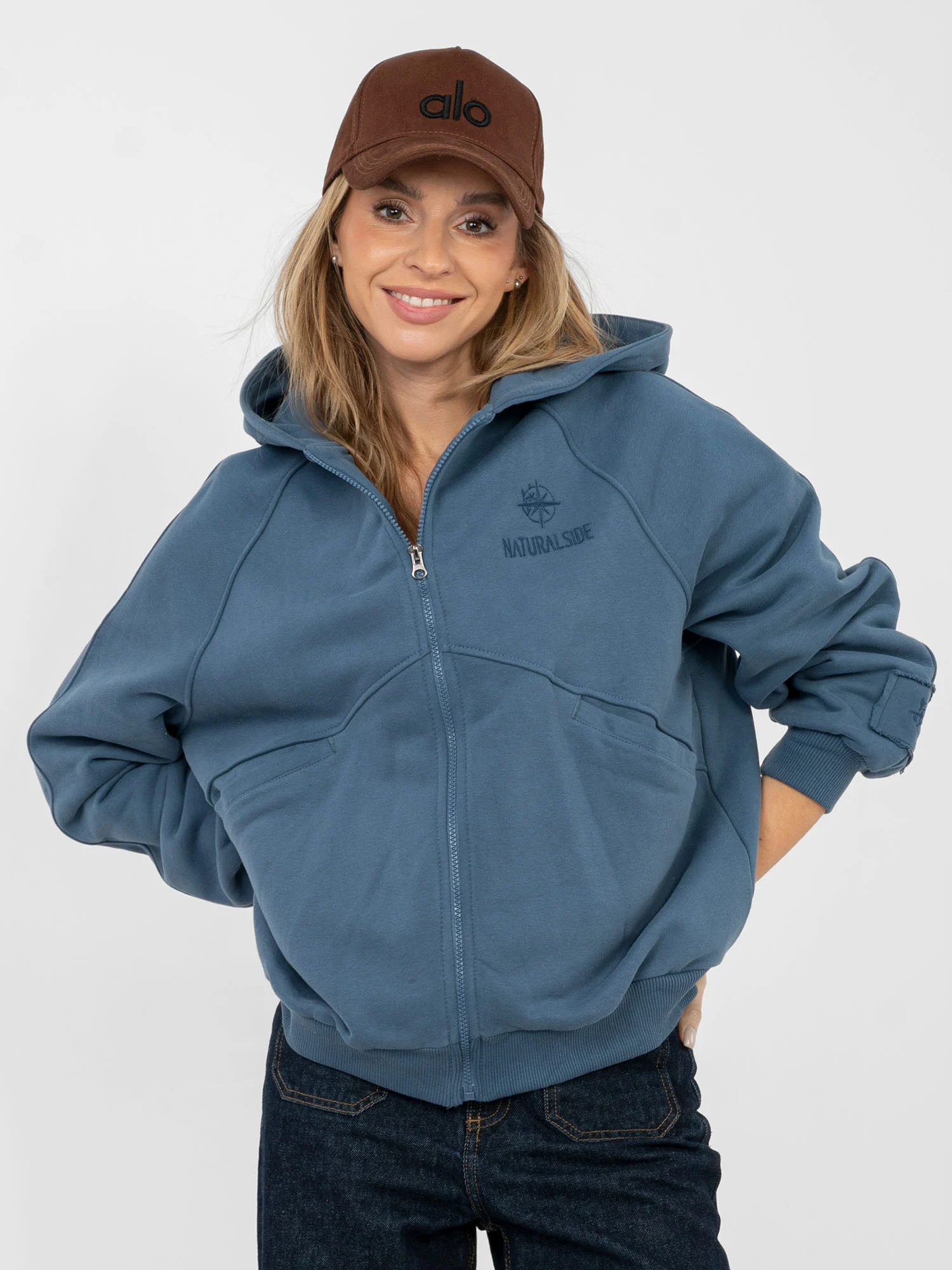 Hanorac Dama Maneca lunga, Guler inalt, NATURAL SIDE, Albastru Casual - imagine 2