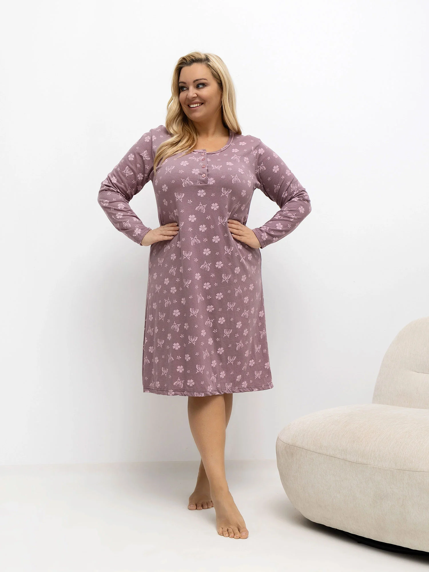 Camasa de Noapte Dama Maneca lunga, Decolteu rotund, Forever Pink, Roz Marimi Mari - imagine 2