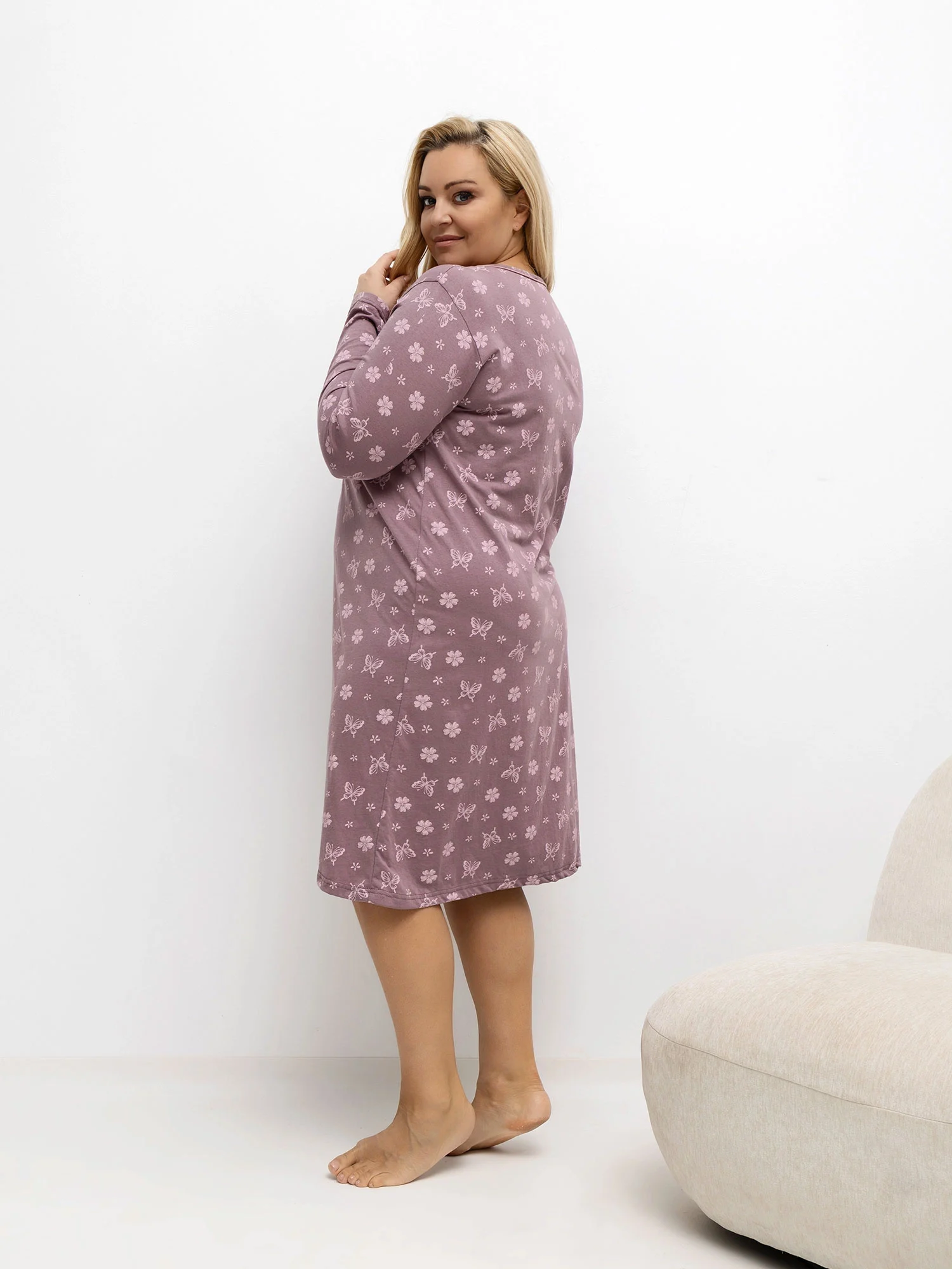 Camasa de Noapte Dama Maneca lunga, Decolteu rotund, Forever Pink, Roz Marimi Mari - imagine 5