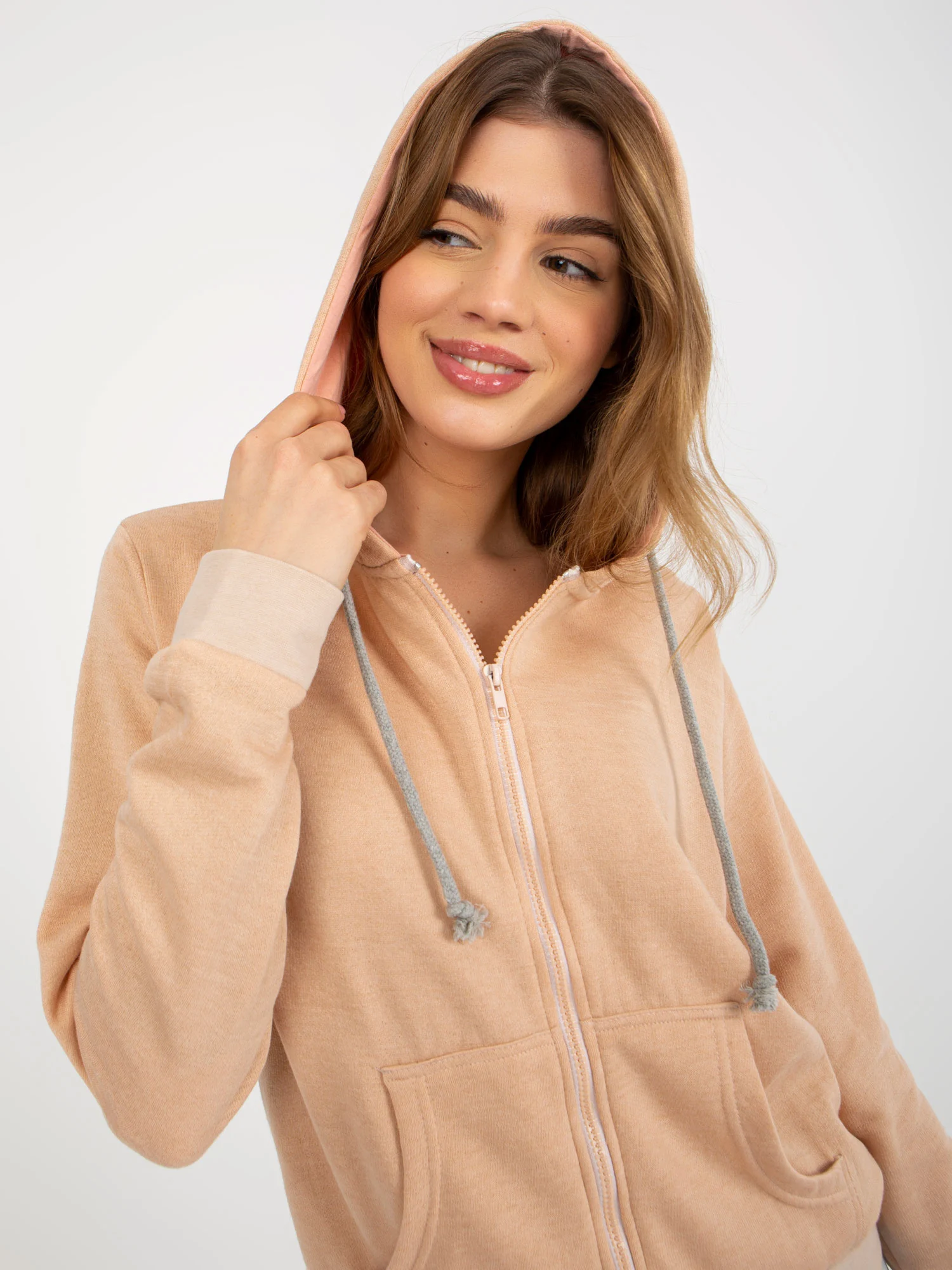 Hanorac Dama Maneca lunga, Guler inalt, NieZnaszMnie, Piersica Casual Marimi Mari - imagine 2