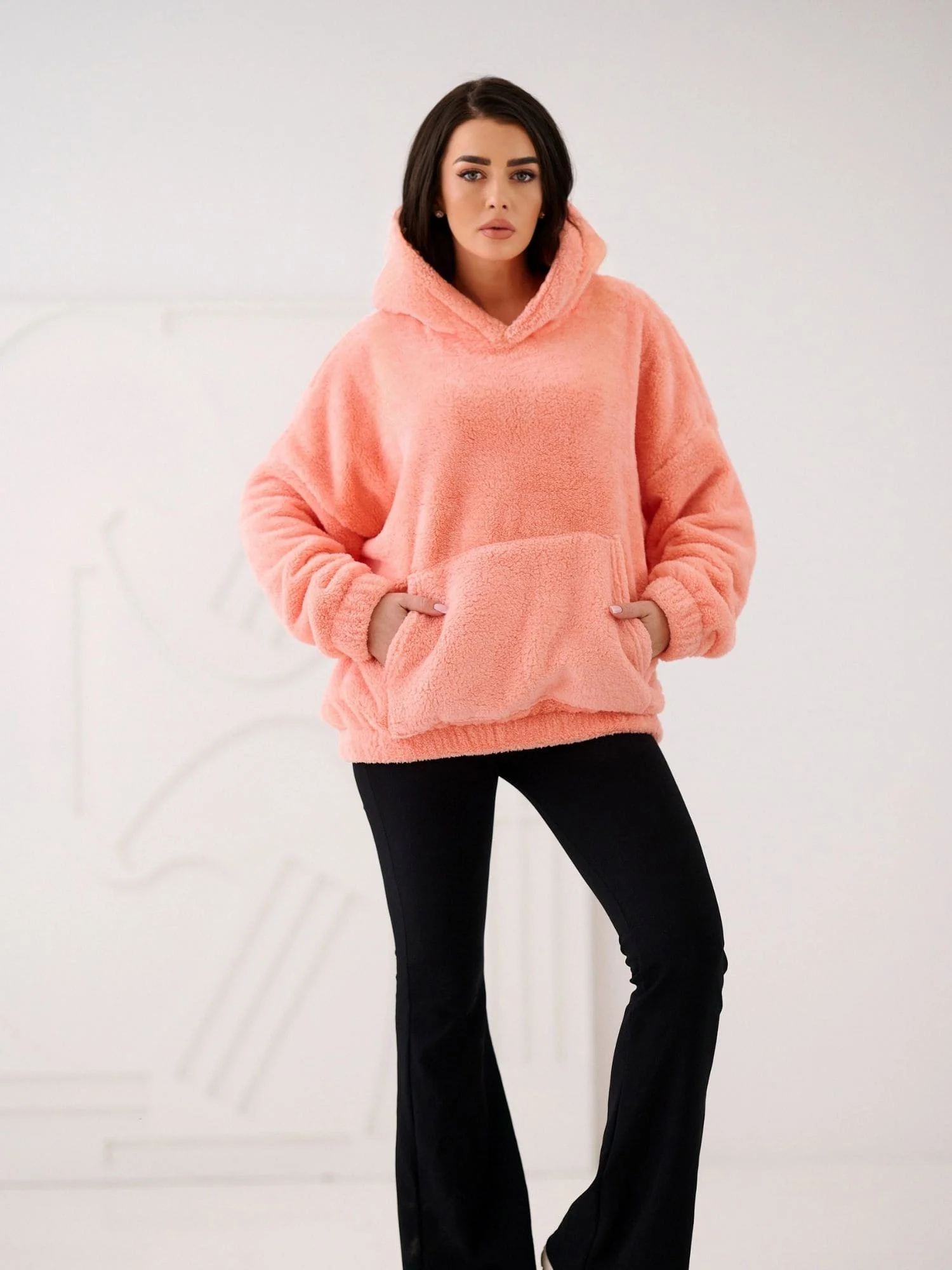 Hanorac Dama Maneca lunga, Decolteu cu gluga, BETIA, Piersica Casual - imagine 2