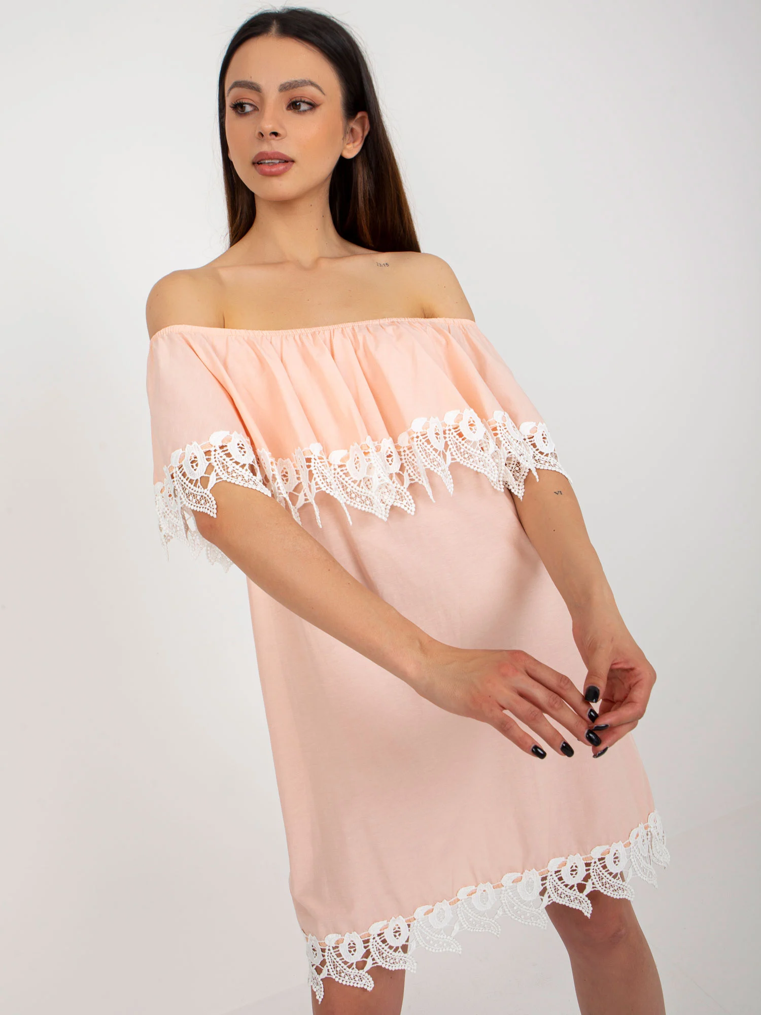 Rochie Dama Deasupra genunchiului, Dantela, LAKERTA, Piersica de Vara - imagine 3