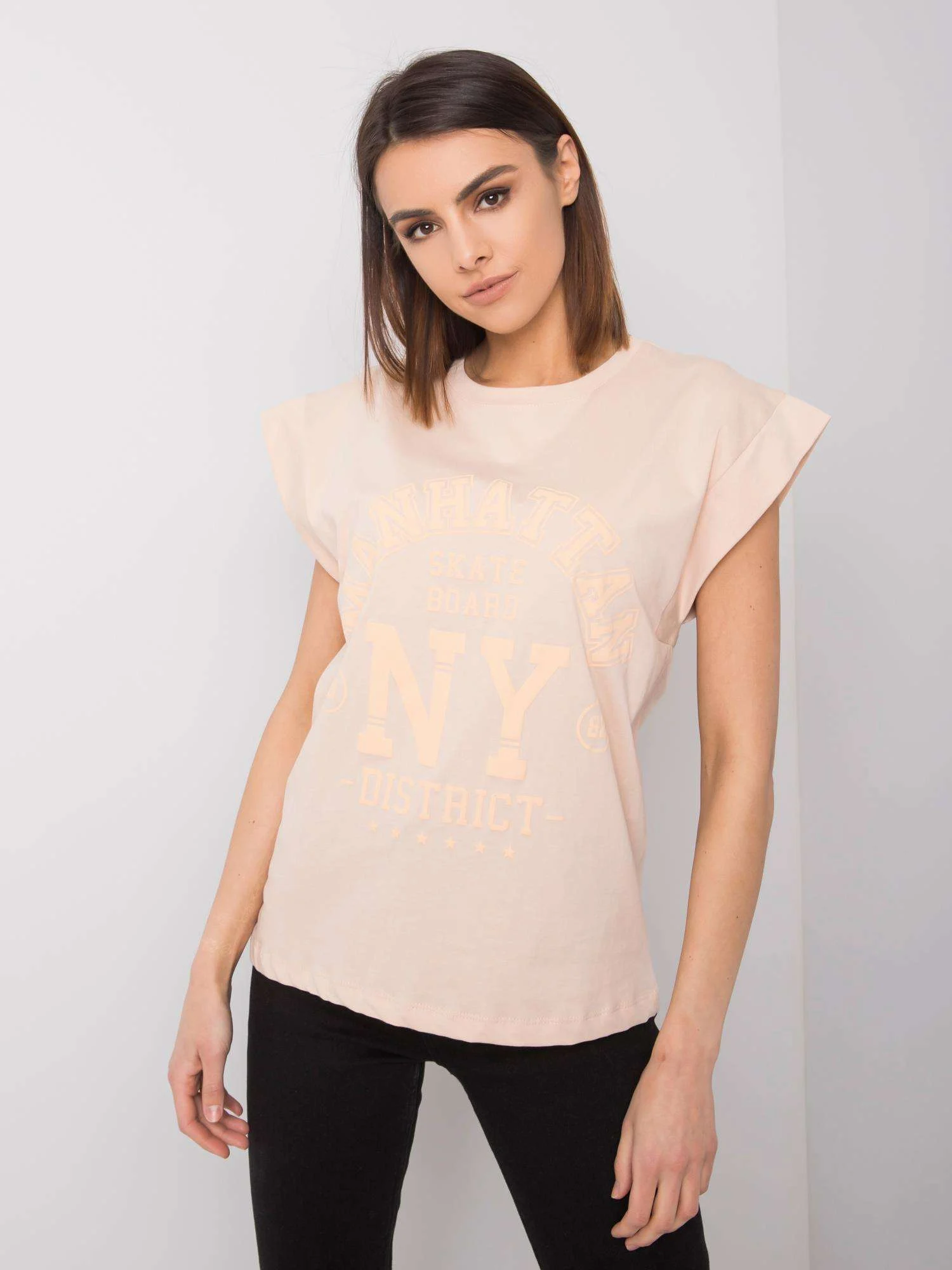 Tricou Dama Imprimat, Decolteu rotund, RUE PARIS, Piersica - imagine 4