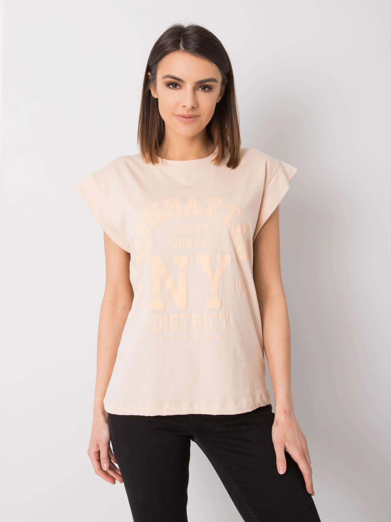 Tricou Dama Imprimat, Decolteu rotund, RUE PARIS, Piersica - imagine 6