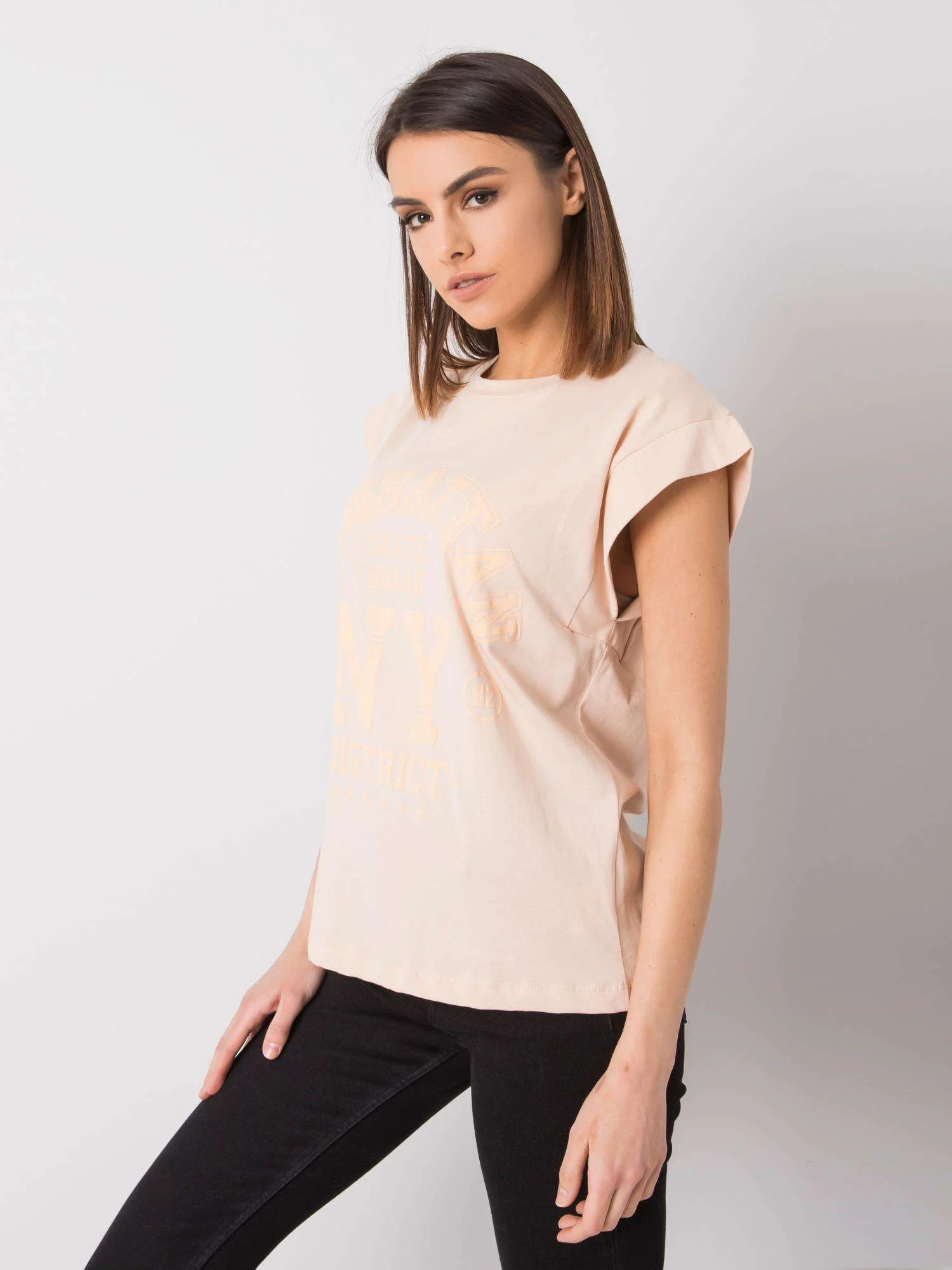 Tricou Dama Imprimat, Decolteu rotund, RUE PARIS, Piersica - imagine 3