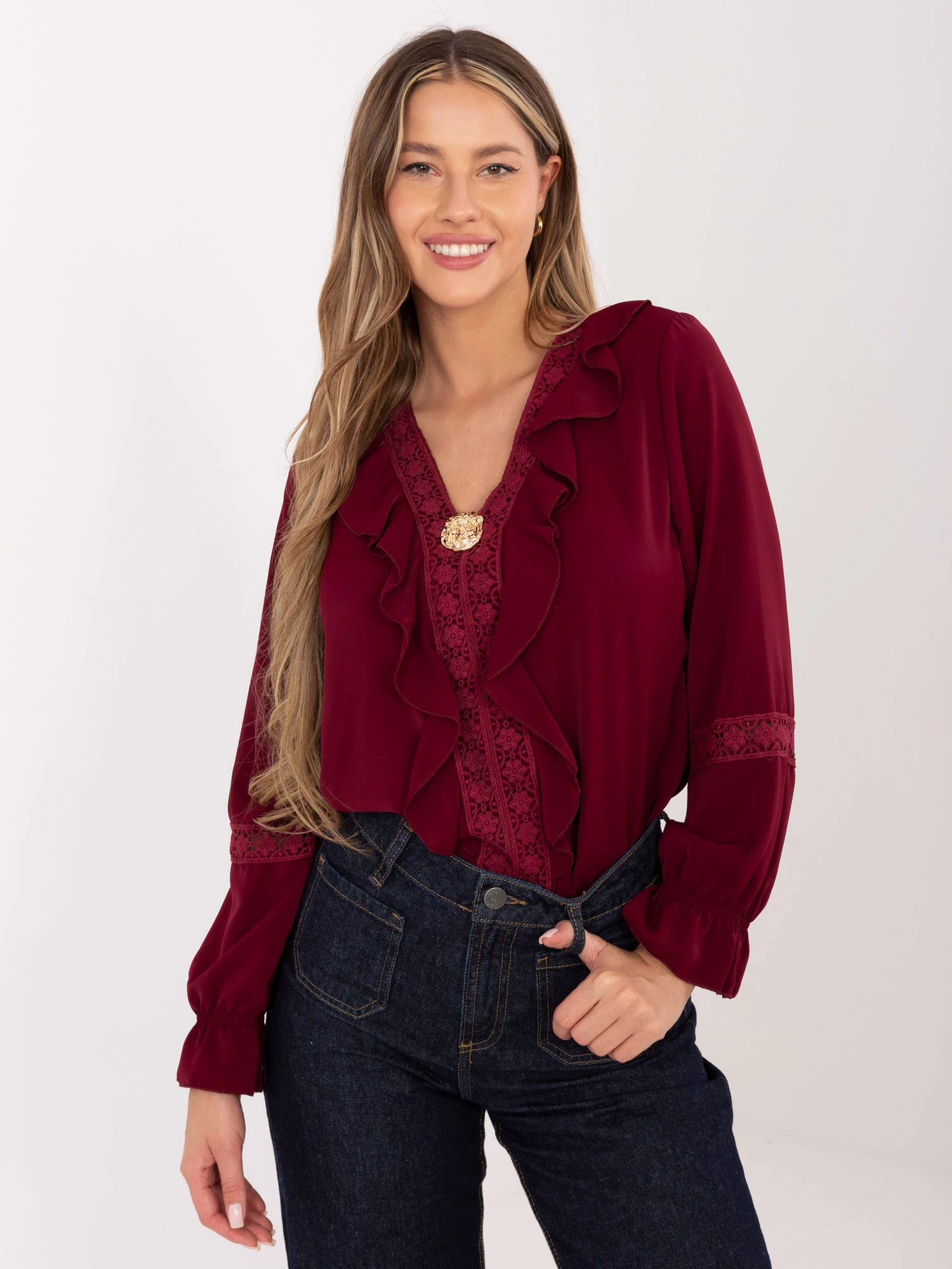 Bluza Dama Maneca lunga, Dantela, MODA ITALY, Bordo Eleganta Office - imagine 5
