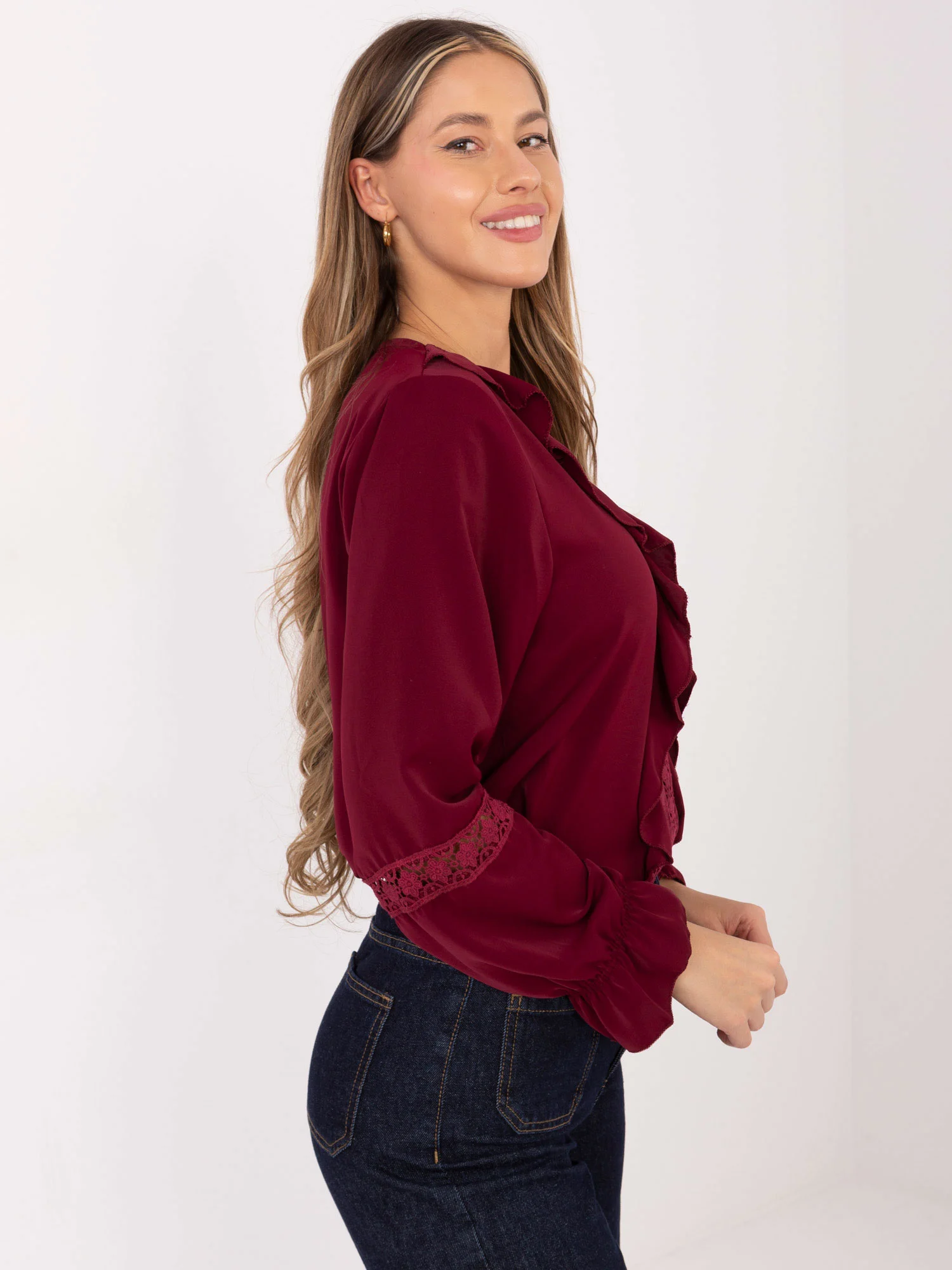 Bluza Dama Maneca lunga, Dantela, MODA ITALY, Bordo Eleganta Office - imagine 4