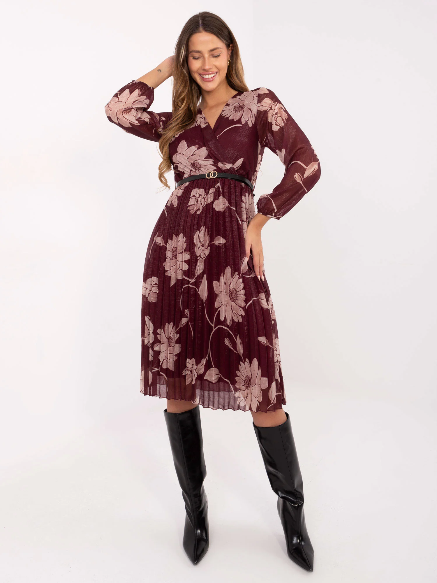 Rochie Dama Maxi, Floral, ITALY MODA, Bordo Eleganta Office - Image 5