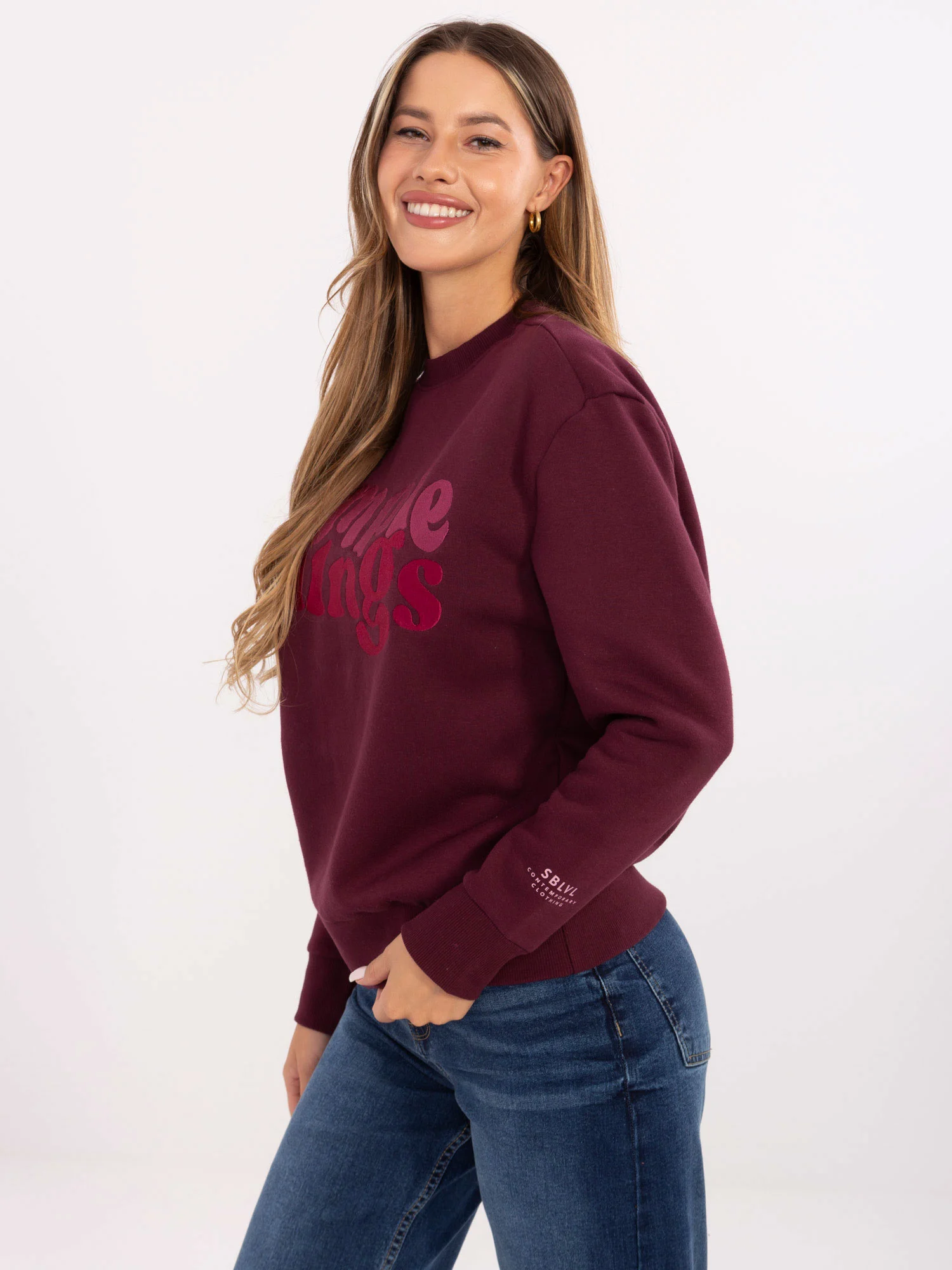 Hanorac Dama Maneca lunga, Decolteu rotund, Sublevel, Bordo Casual Marimi Mari - imagine 2