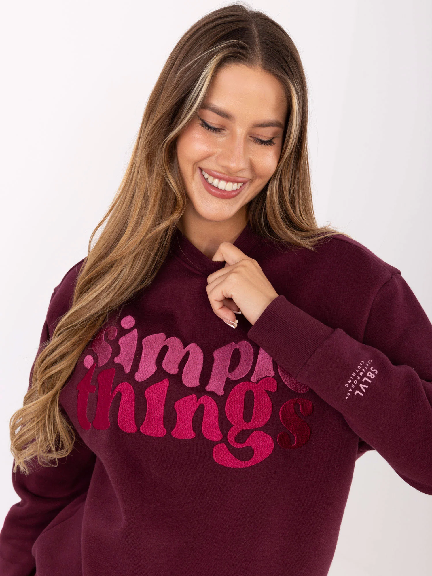 Hanorac Dama Maneca lunga, Decolteu rotund, Sublevel, Bordo Casual Marimi Mari - imagine 5