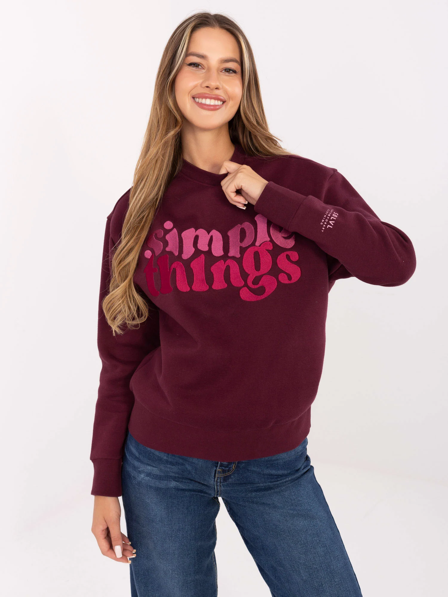 Hanorac Dama Maneca lunga, Decolteu rotund, Sublevel, Bordo Casual Marimi Mari - imagine 3