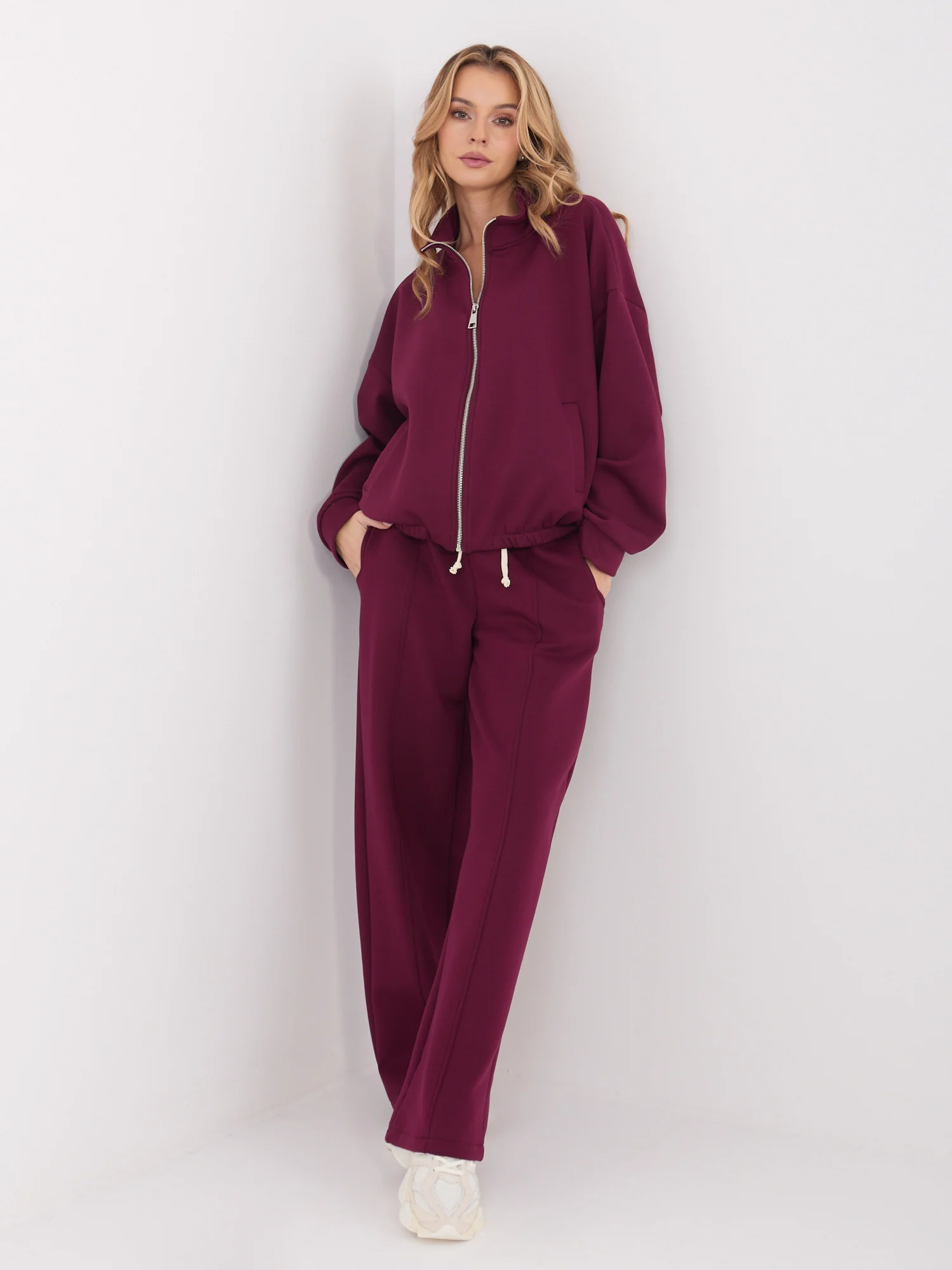 Pantaloni Dama Larga, Guler inalt, WESTEENE, Bordo Casual - Image 4