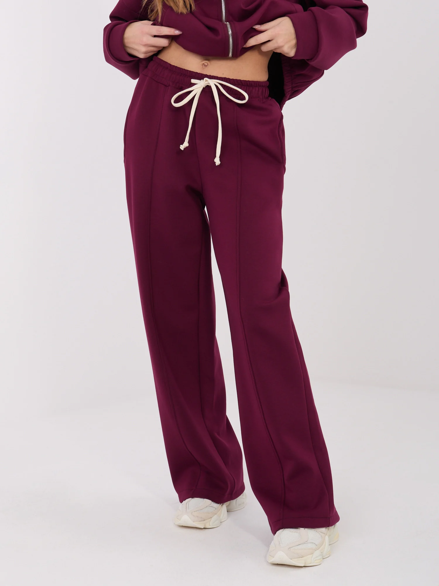 Pantaloni Dama Larga, Guler inalt, WESTEENE, Bordo Casual - Image 2