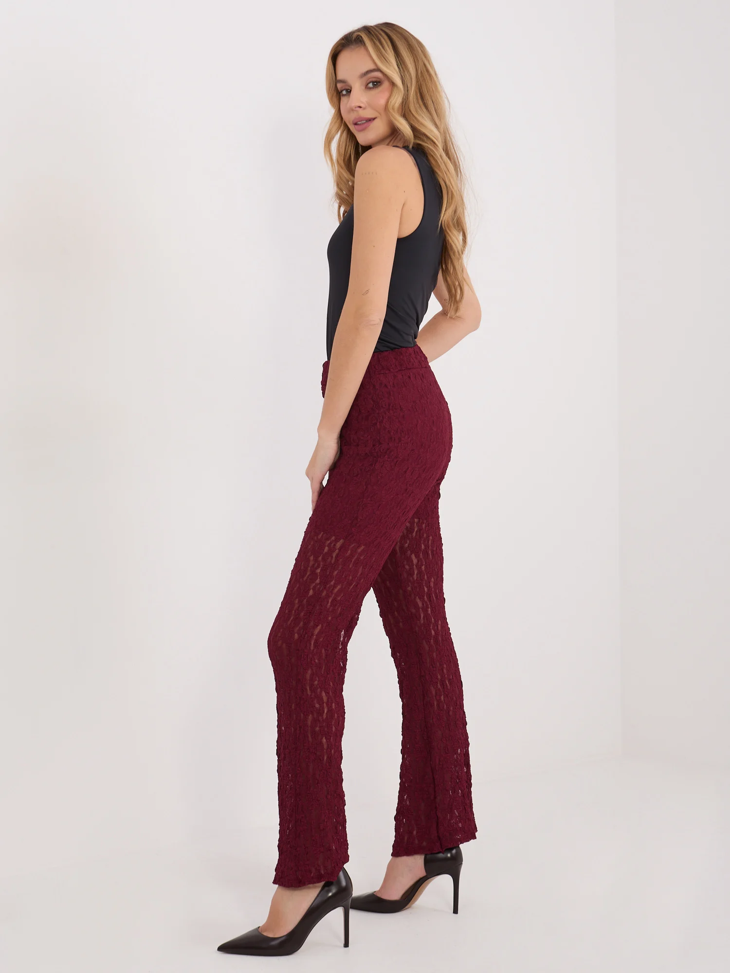 Pantaloni Dama Lunga, Dantela, ITALY MODA, Bordo de Petrecere - imagine 3