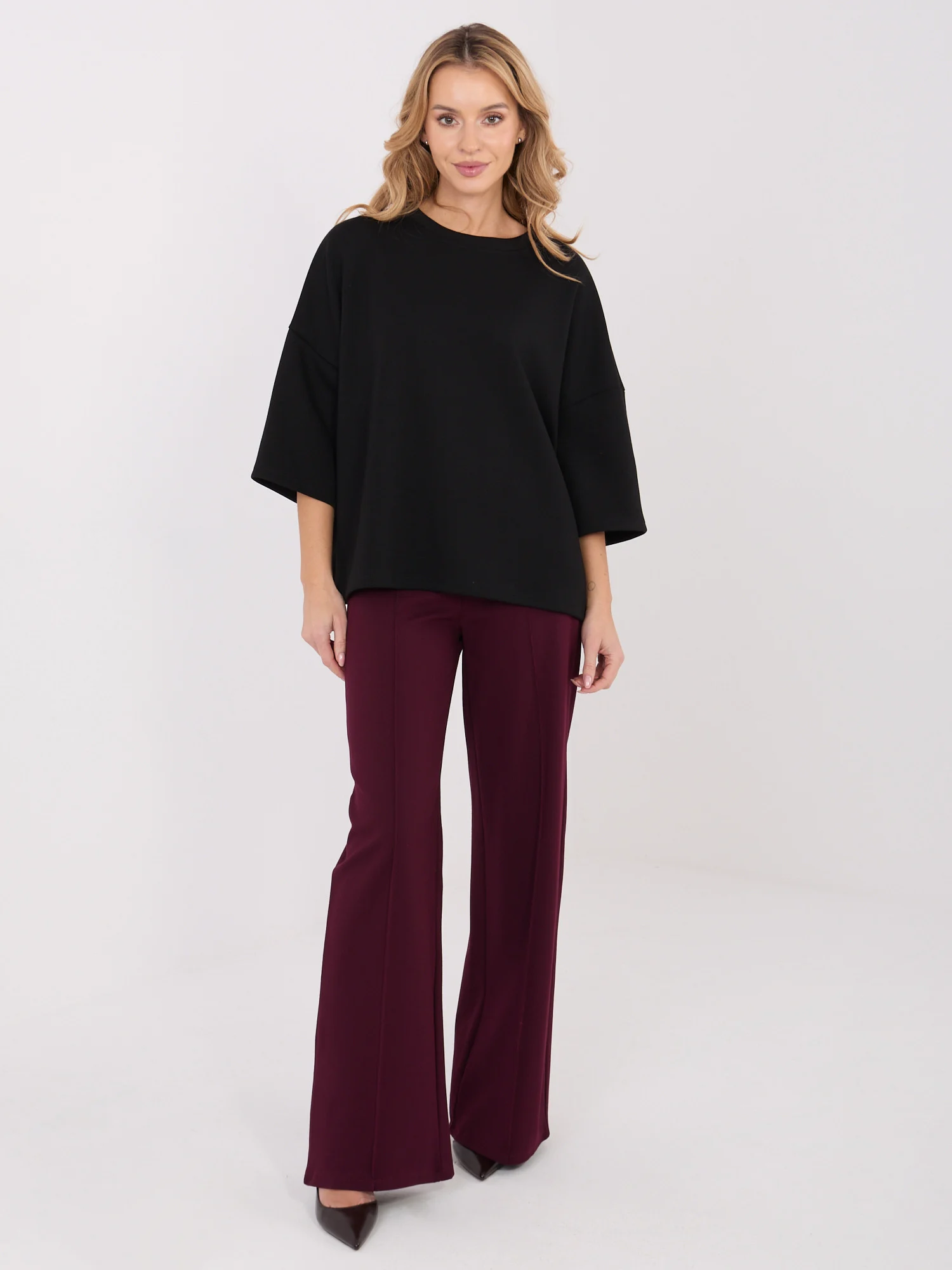 Pantaloni Dama Larga, Guler inalt, RUE PARIS, Bordo Eleganta Office - imagine 6