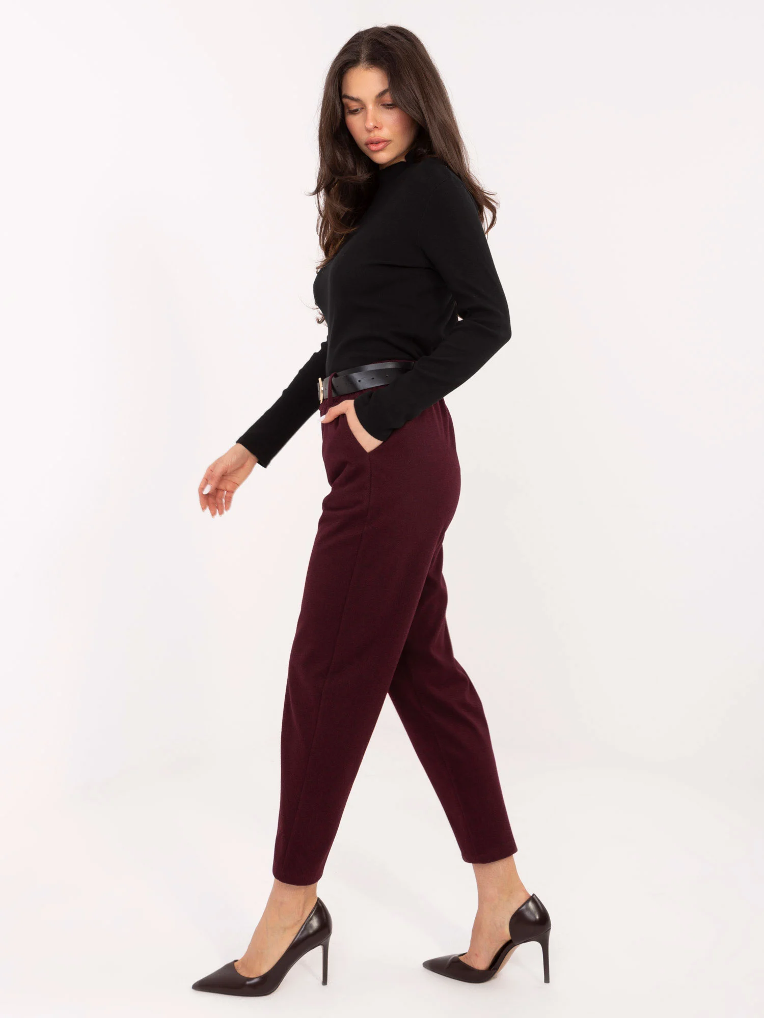 Pantaloni Dama Elegant, Guler inalt, RUE PARIS, Bordo Eleganta Office - imagine 2