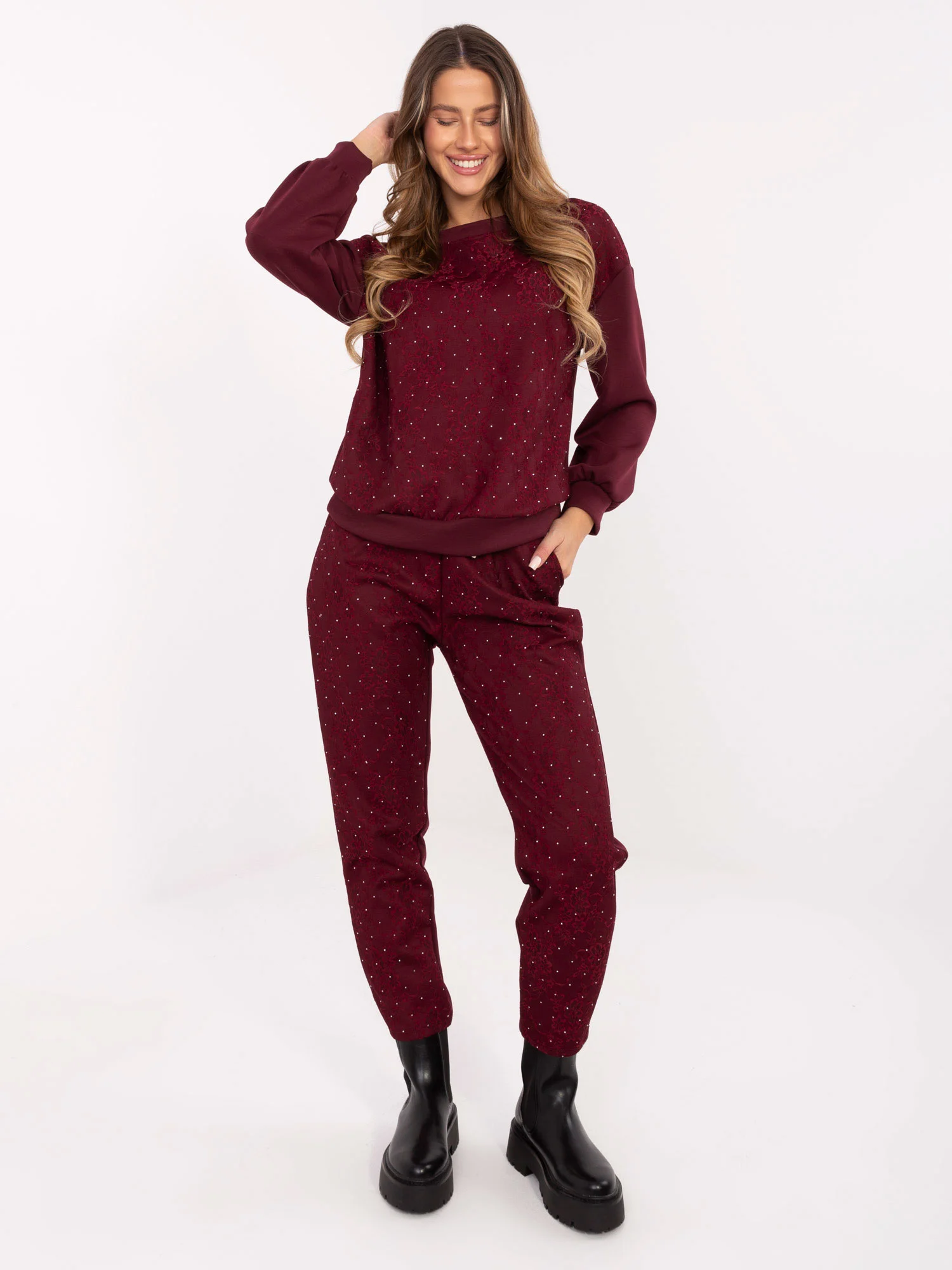 Compleu Dama Maneca lunga, Dantela, ITALY MODA, Bordo Casual - Image 3