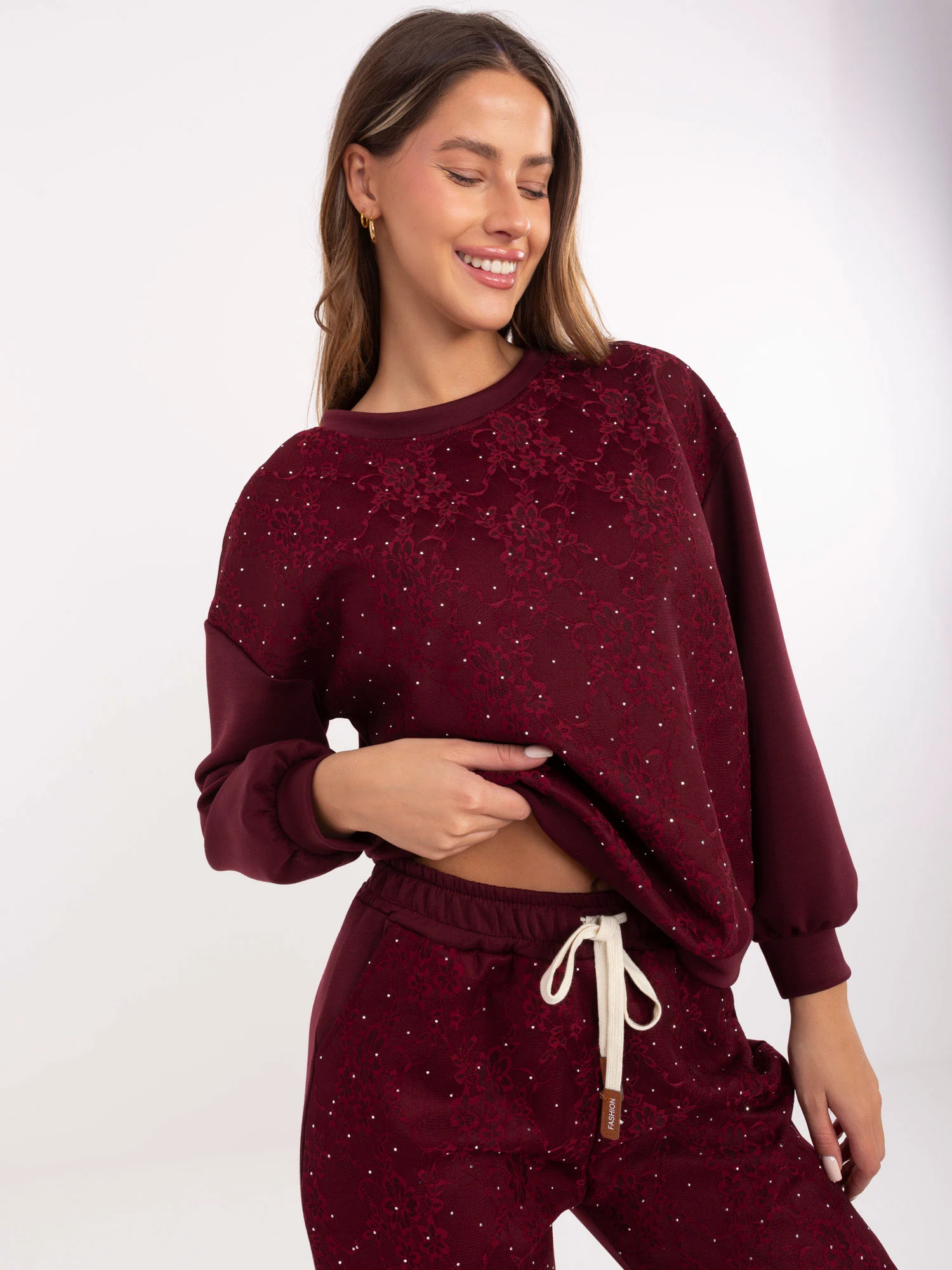 Compleu Dama Maneca lunga, Dantela, ITALY MODA, Bordo Casual - Image 5