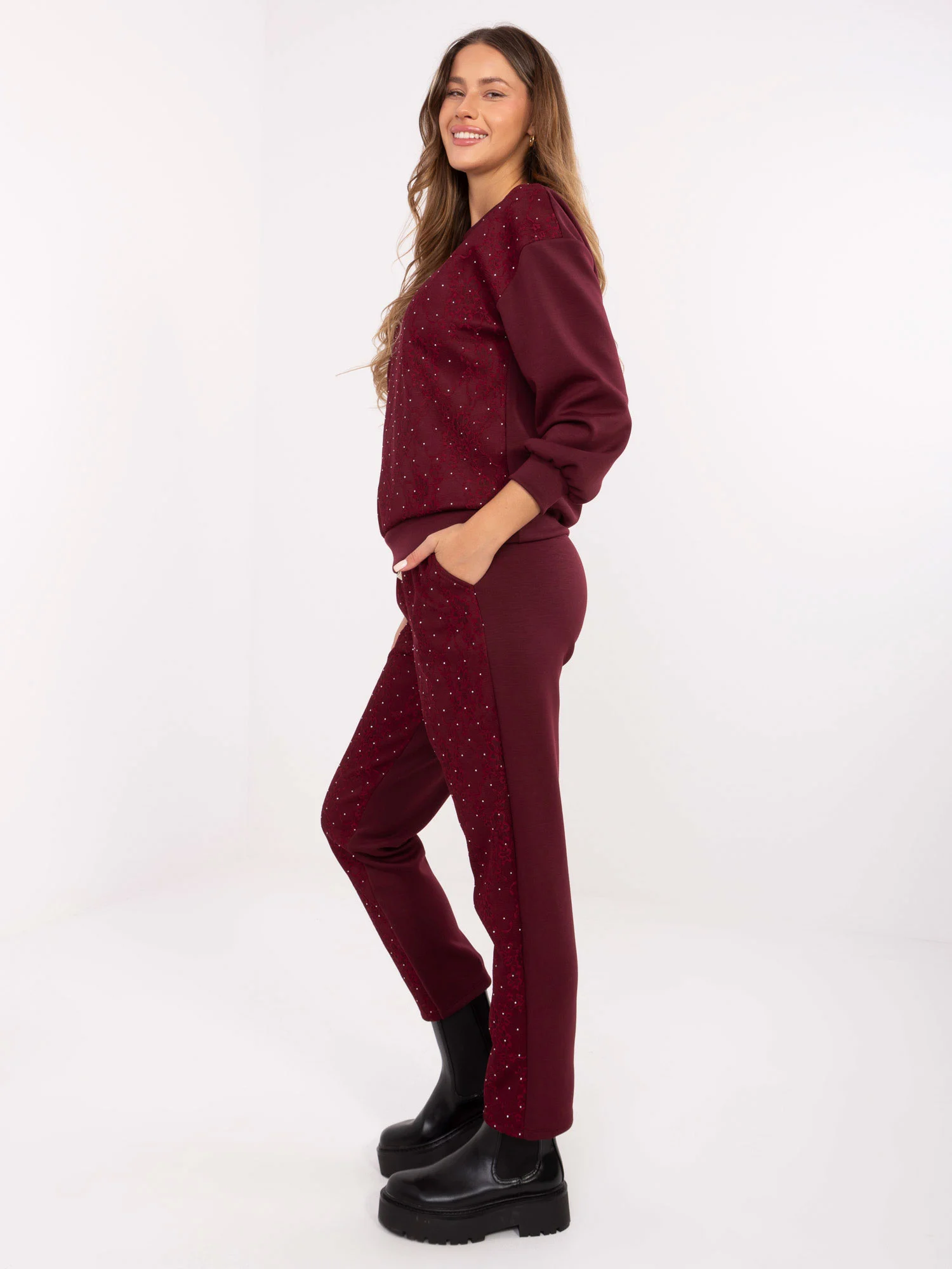 Compleu Dama Maneca lunga, Dantela, ITALY MODA, Bordo Casual - Image 2