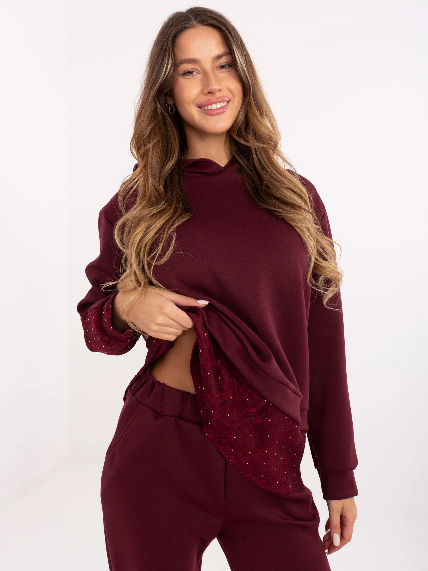 Compleu Dama Maneca lunga, Dantela, ITALY MODA, Bordo Casual - imagine 5