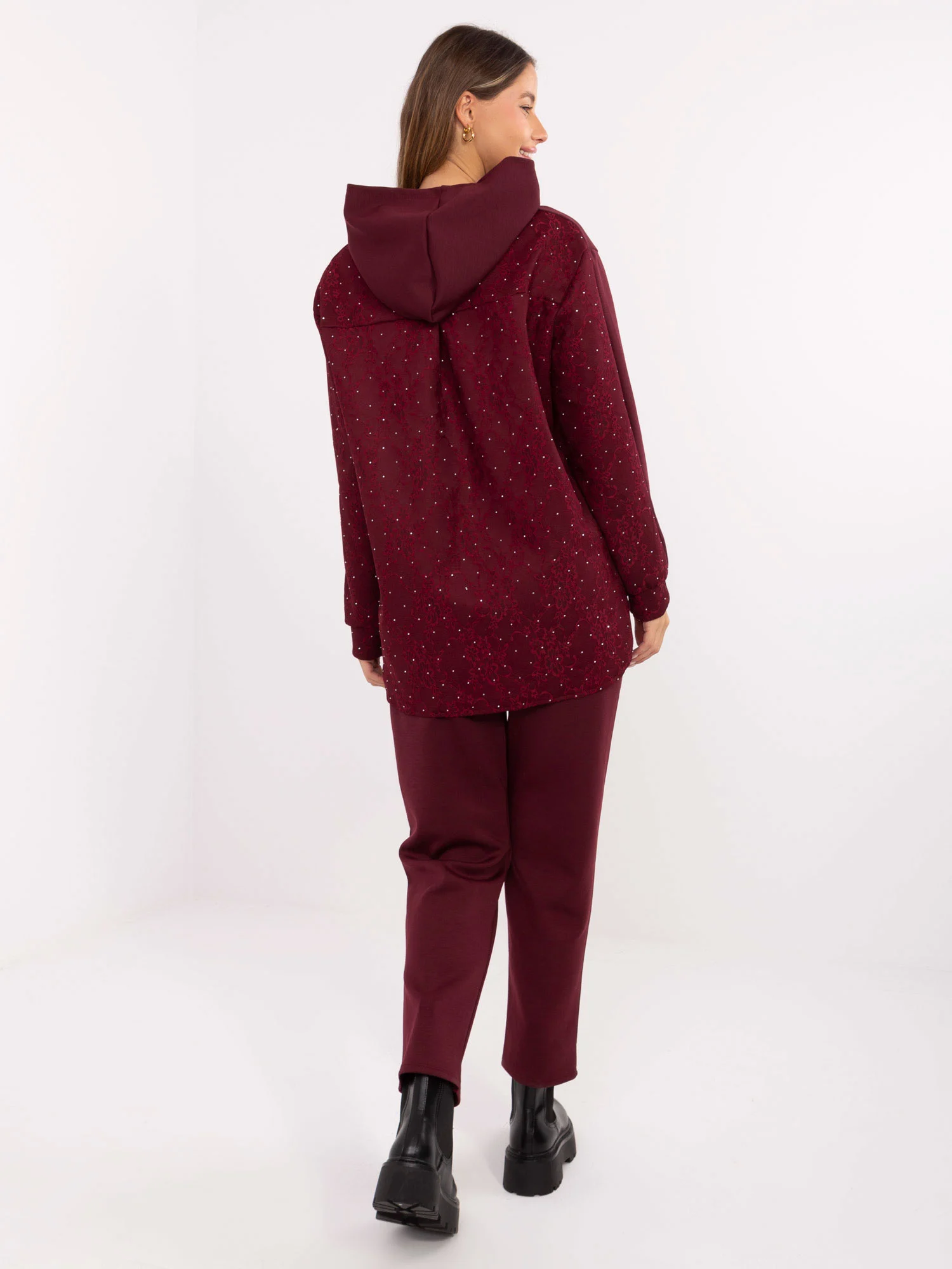 Compleu Dama Maneca lunga, Dantela, ITALY MODA, Bordo Casual - imagine 3