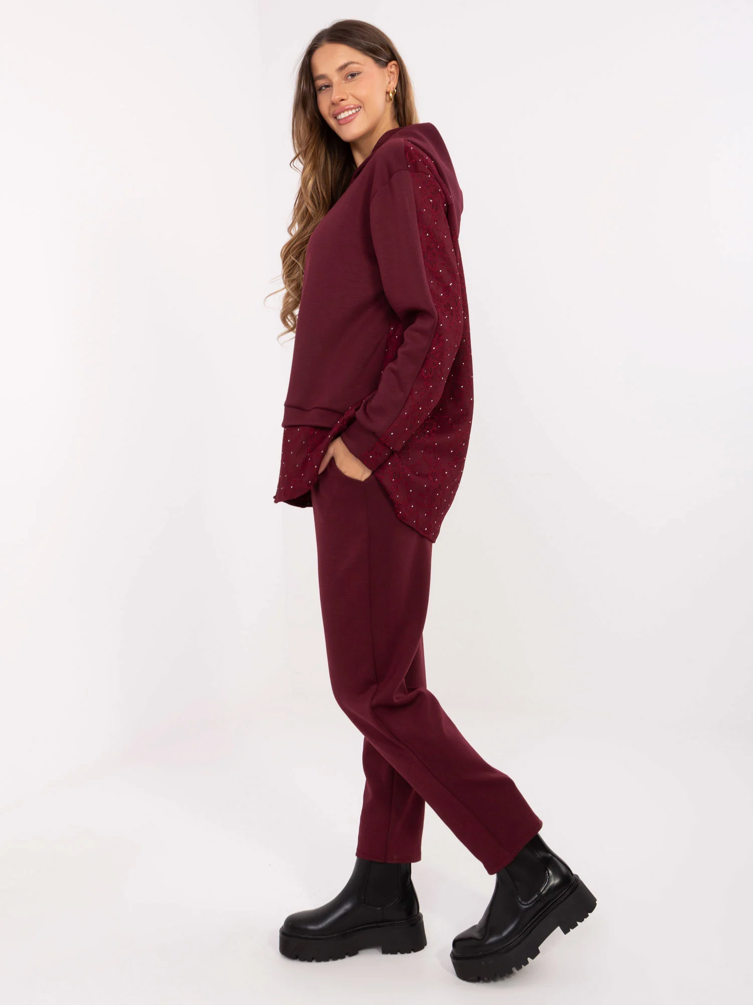 Compleu Dama Maneca lunga, Dantela, ITALY MODA, Bordo Casual - imagine 2