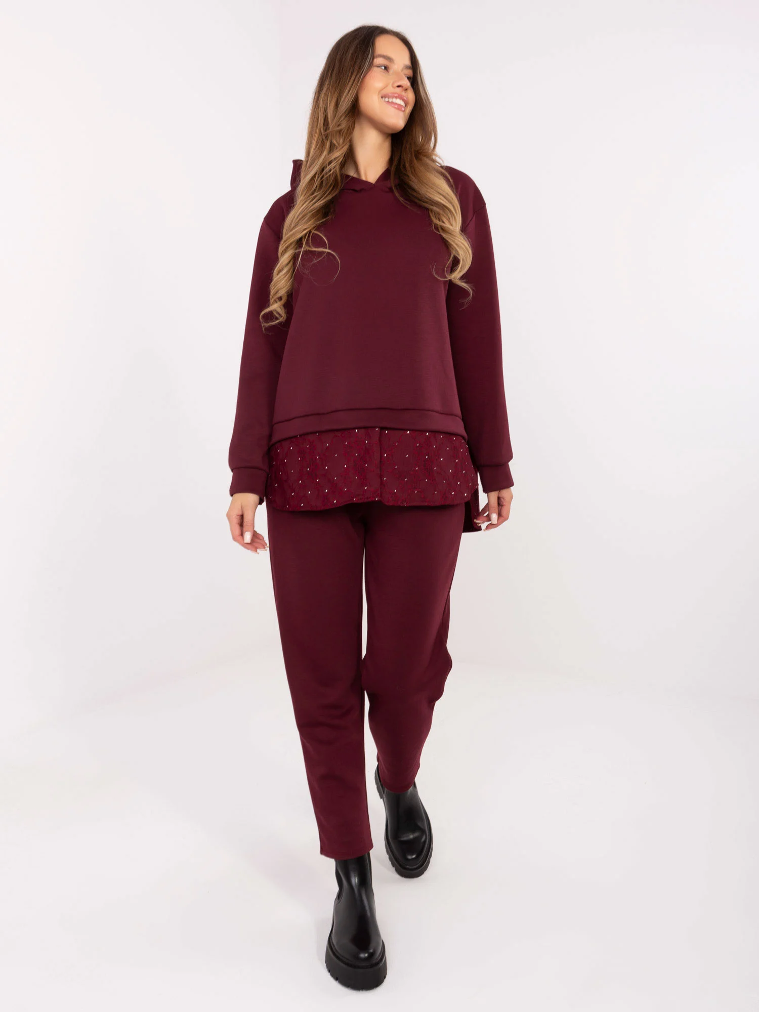 Compleu Dama Maneca lunga, Dantela, ITALY MODA, Bordo Casual - imagine 4