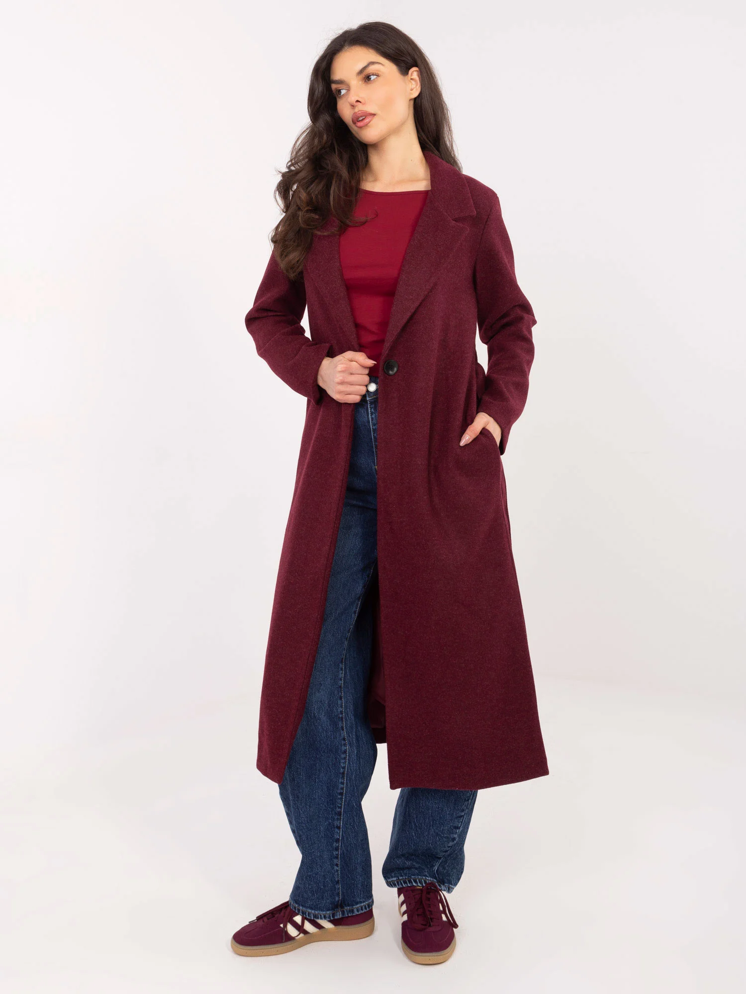 Palton Dama Maneca lunga, Guler inalt, Och Bella, Bordo Eleganta Office - imagine 5