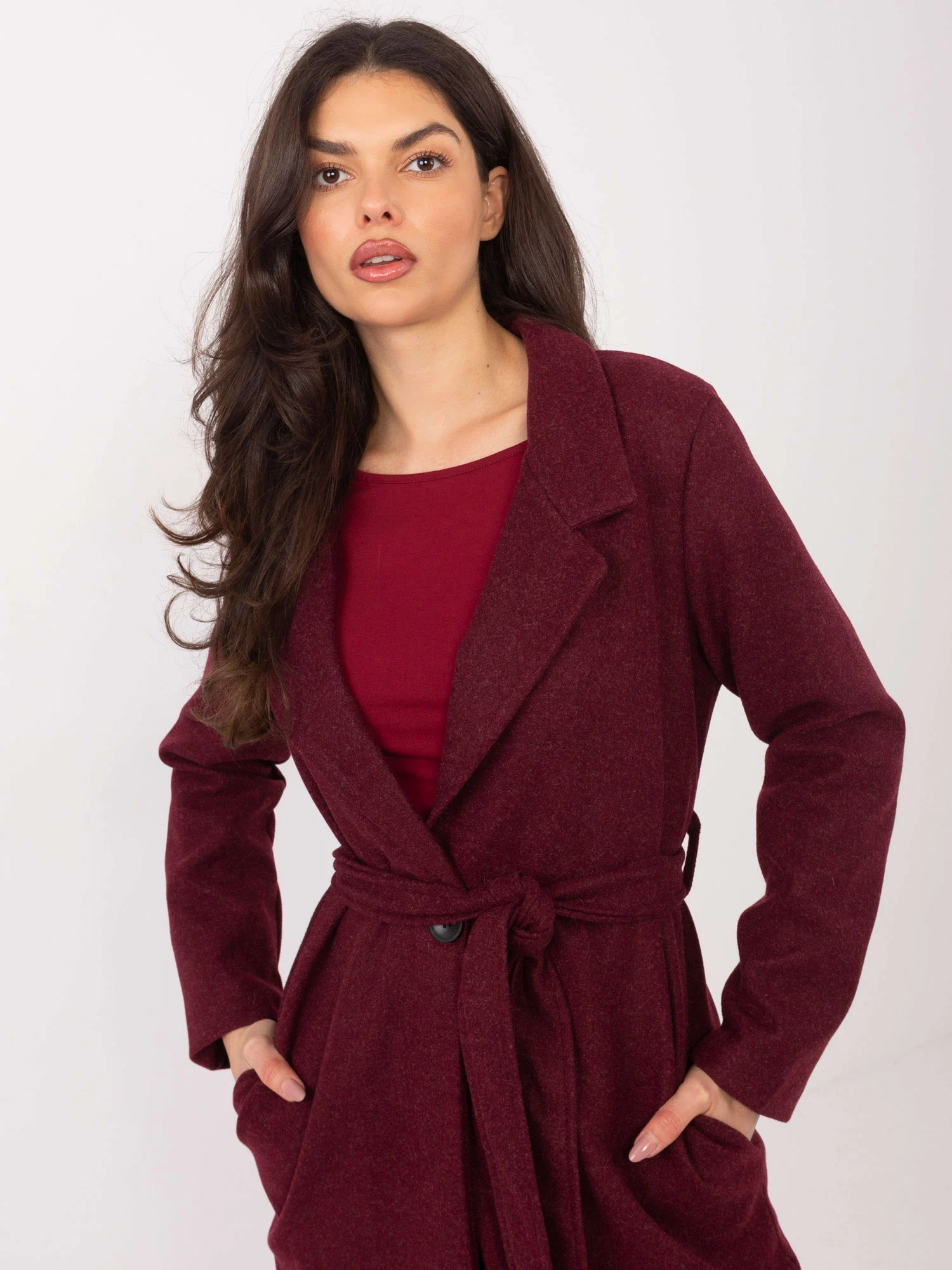 Palton Dama Maneca lunga, Guler inalt, Och Bella, Bordo Eleganta Office - imagine 3