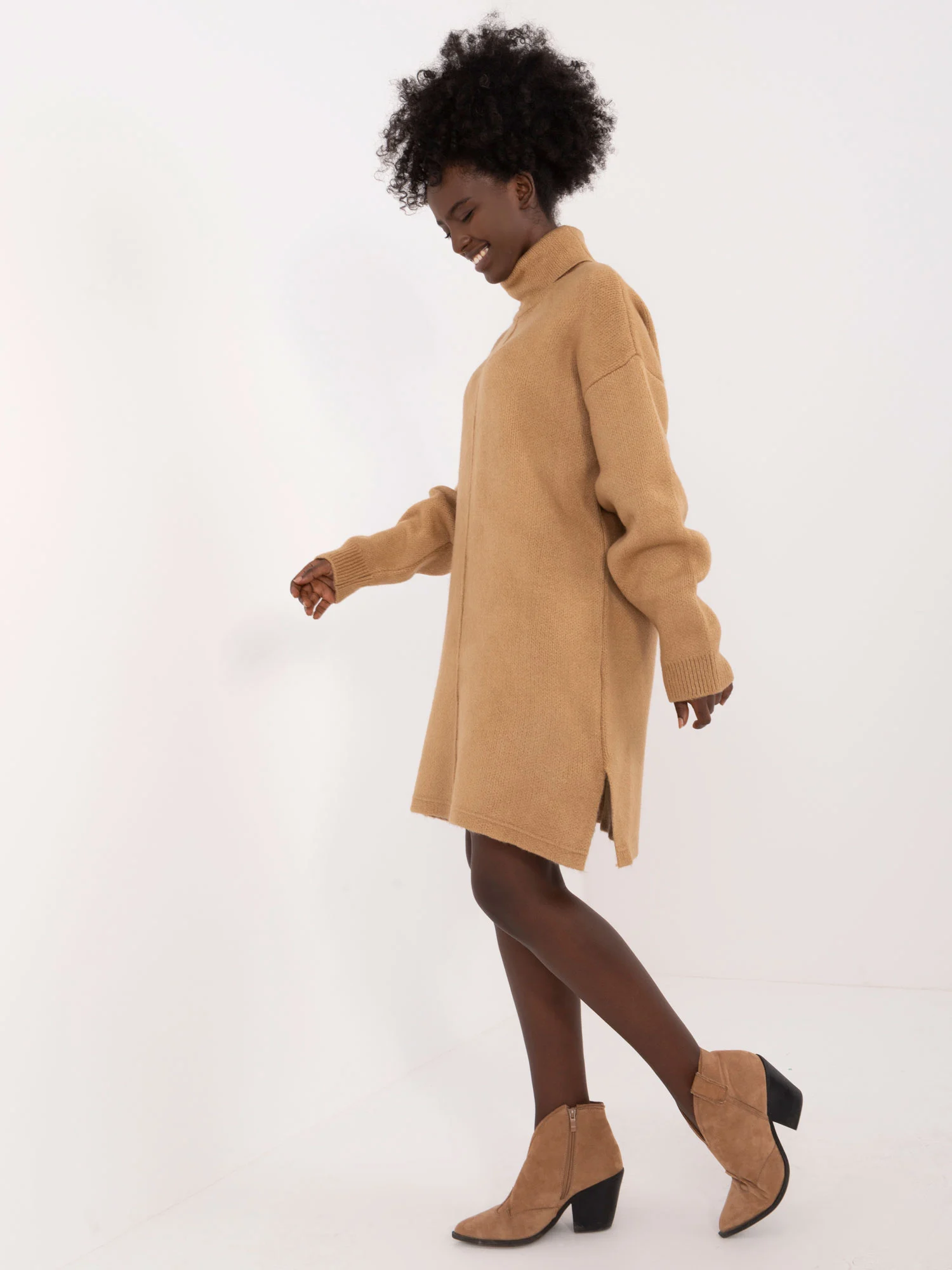 Rochie Dama Mini, Guler inalt, BADU, Camel Casual - Image 4