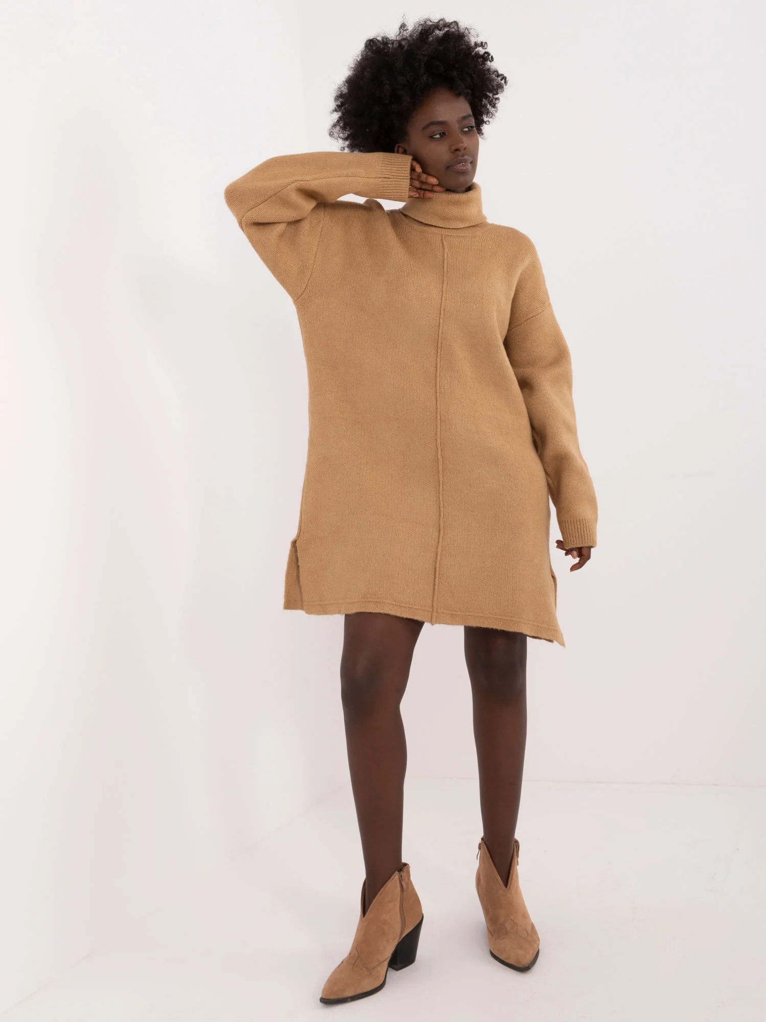 Rochie Dama Mini, Guler inalt, BADU, Camel Casual - Image 3