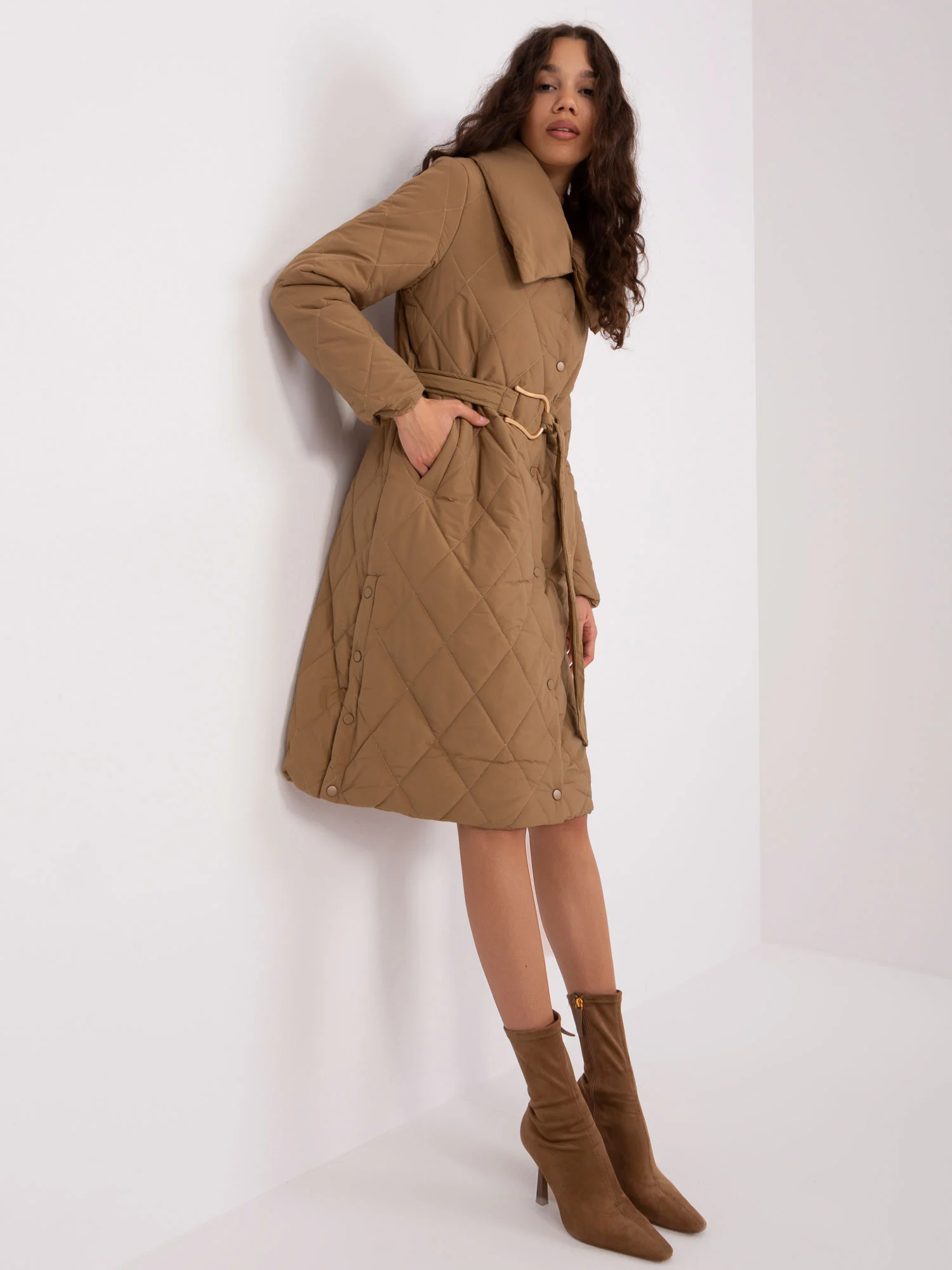 Jacheta Dama Maneca lunga, Guler inalt, Trendy. ING, Camel Casual - imagine 5